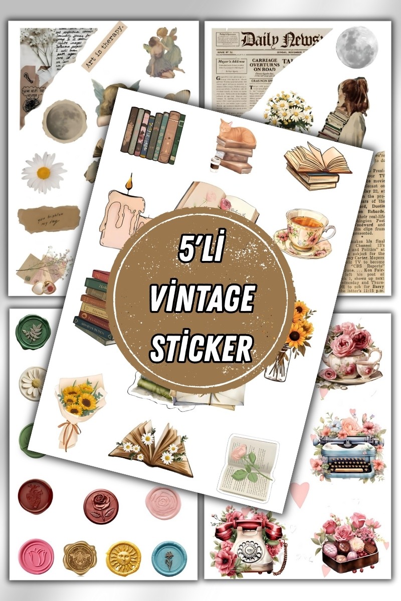 5'Li Vintage Temalı Planner Sticker Set-Çıkartma,Ajanda,Günlük
