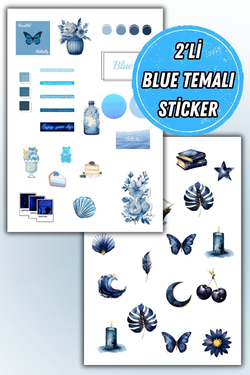 Blue Temalı 2'li Sticker Planner Ajanda Bullet Journal Için Uygun Set
