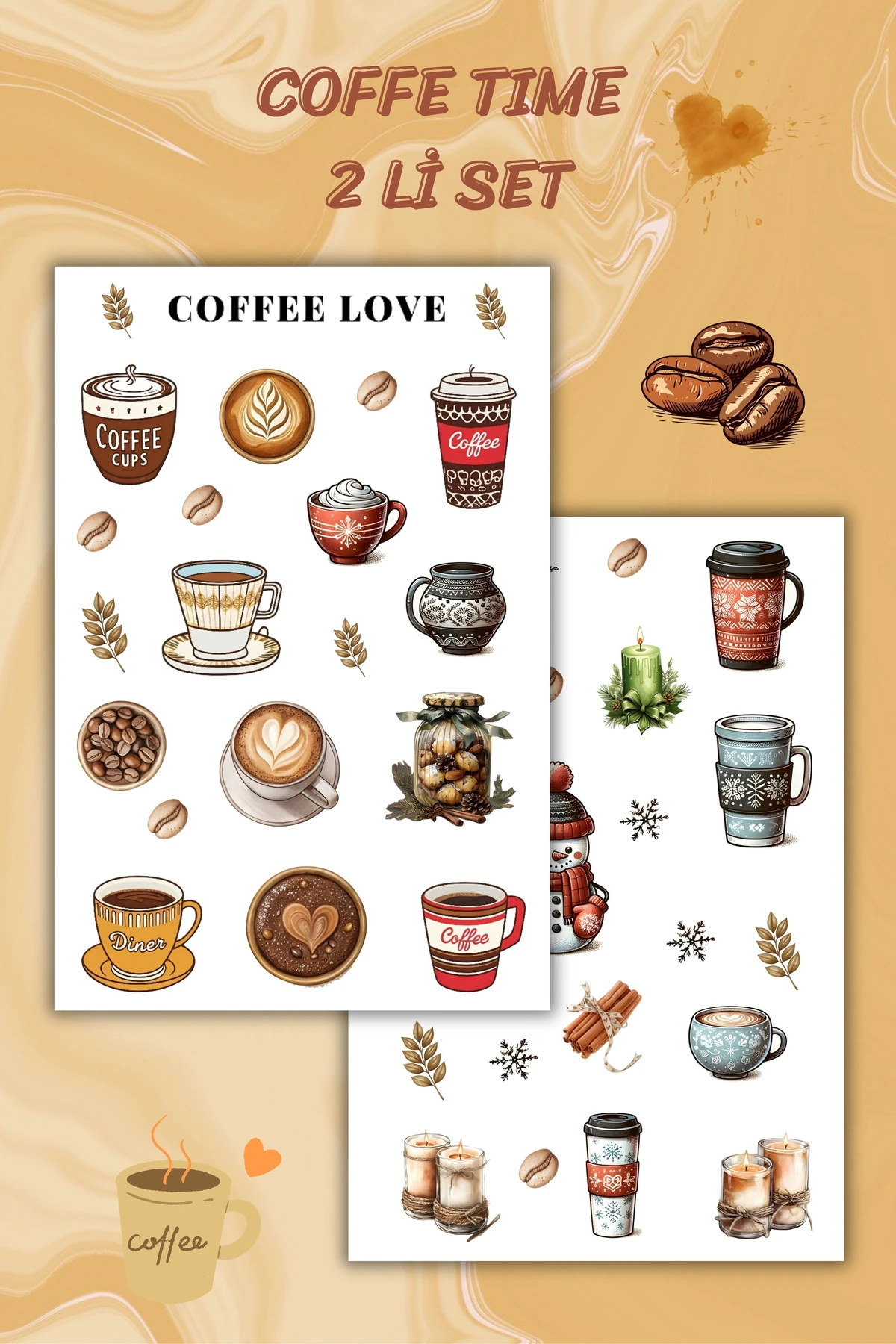 2 'Li Kahve Temalı Sticker Etiket Seti - Coffee Sticker - Laptop Notebook Telefon