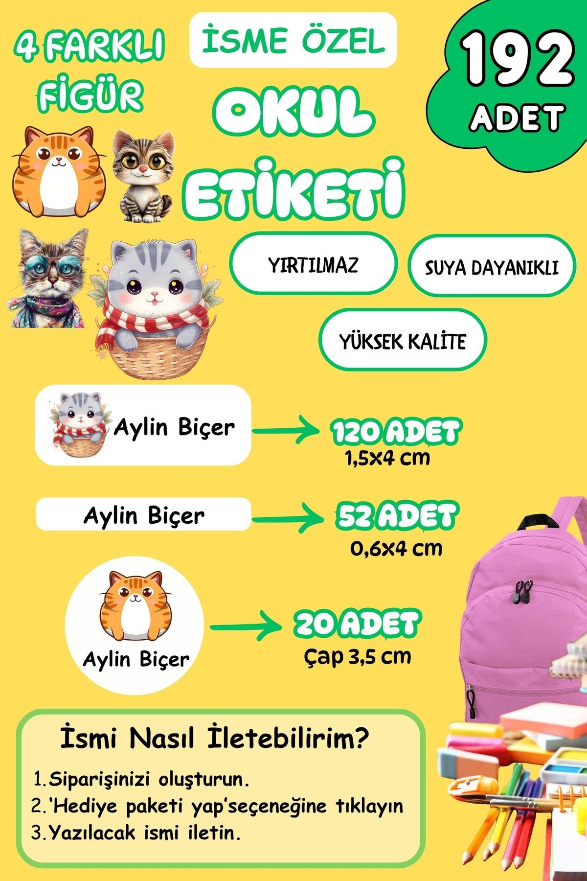 İsme Özel Okul Etiketi Kalem/Defter/Matara Etiketi Sticker Kedi/Cat Temalı 192 Adet