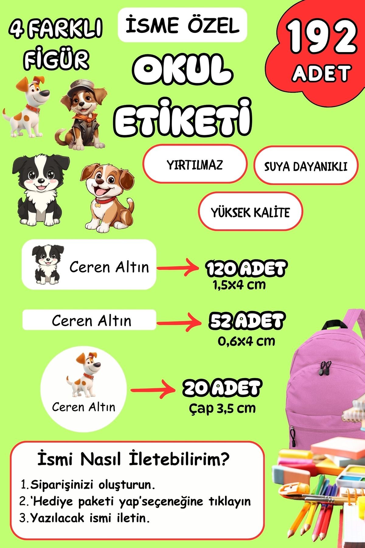 İsme Özel Okul Etiketi Kalem/Defter/Matara Etiketi Sticker Sevimli Köpekler Temalı 192 Adet