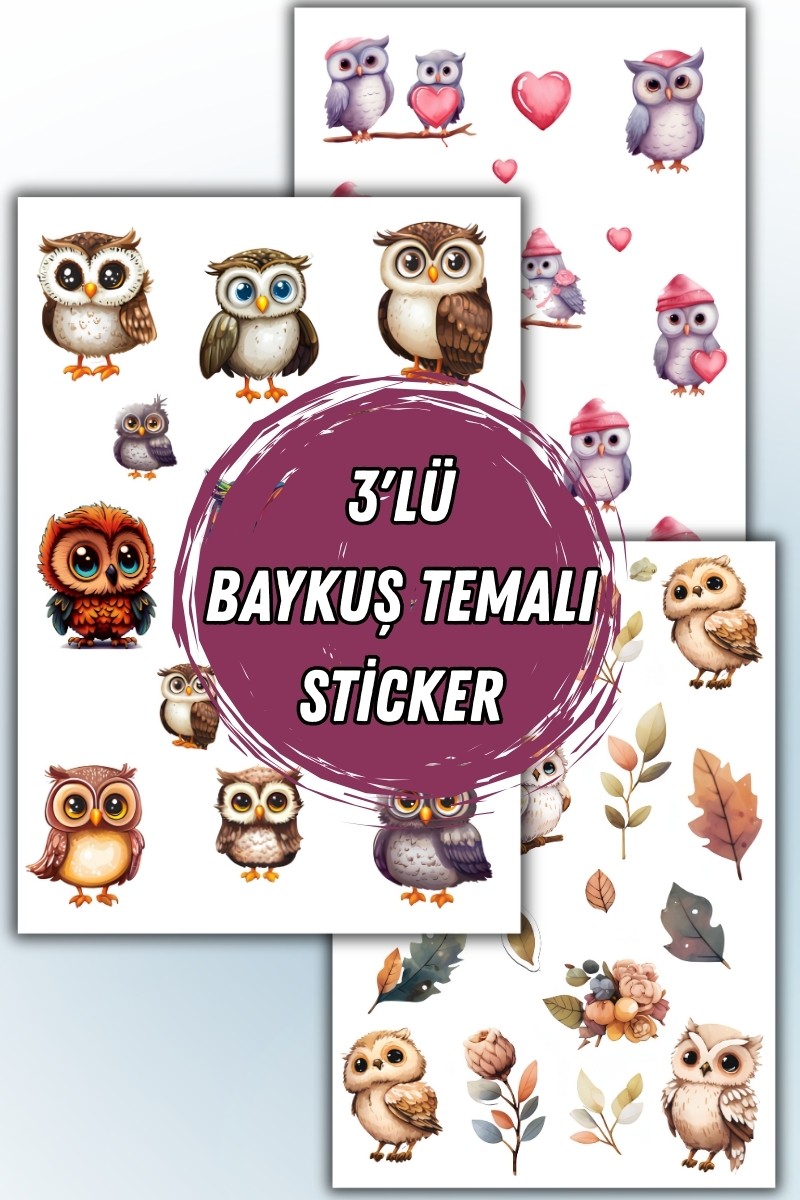 Birikiyedi Baykuş Temalı 3 Lü Sticker Seti / Bullet Journal Scrapbook Kolaj için uygun