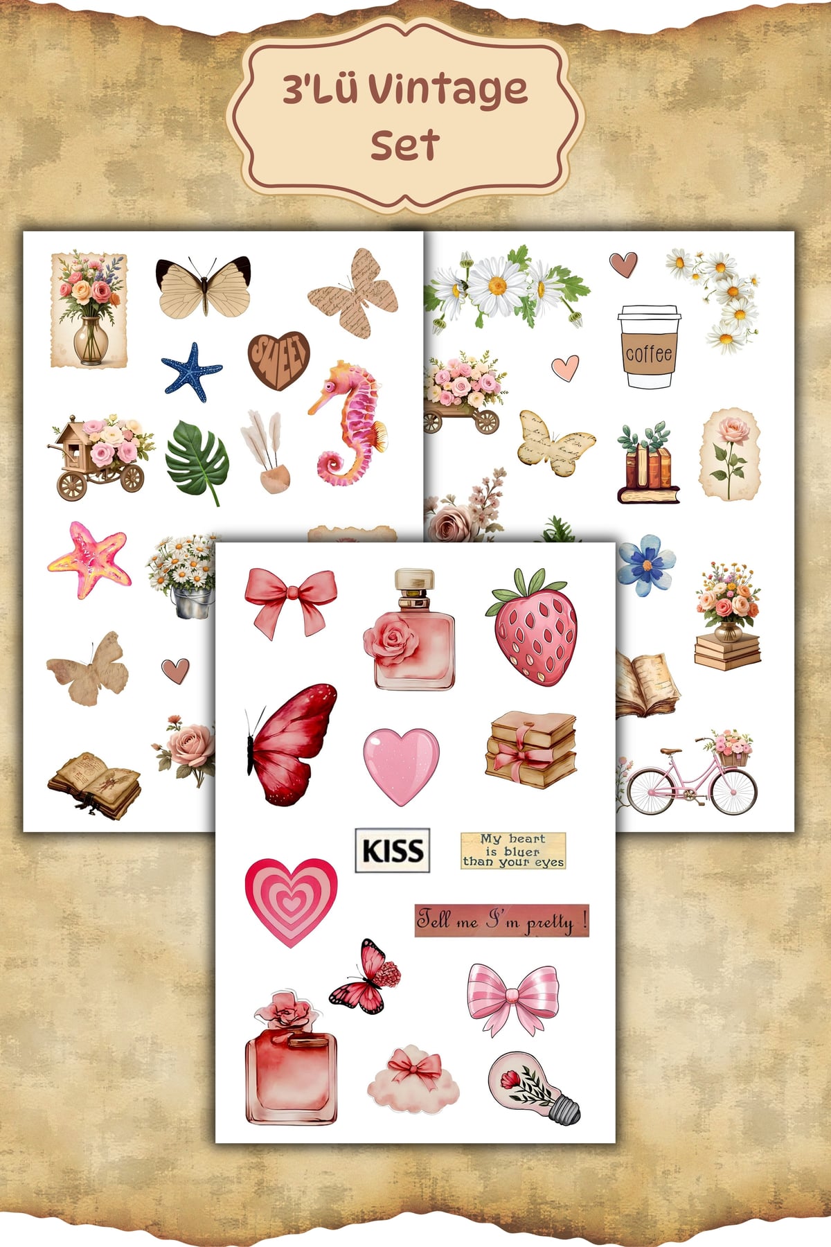 3 'lü Vintage Sticker Planner Ajanda Bullet Journal Için Uygun Set