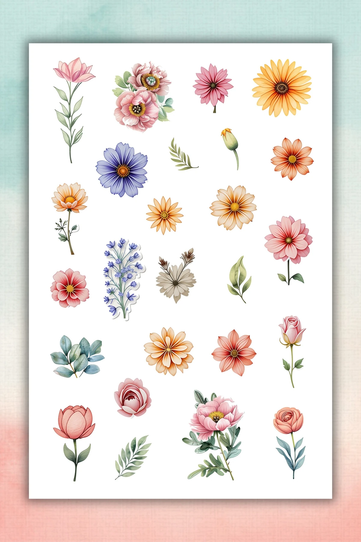 2'Li Soft Çiçek ve Bitki Temalı Sticker Seti / Bullet Journal Scrapbook Kolaj için uygun