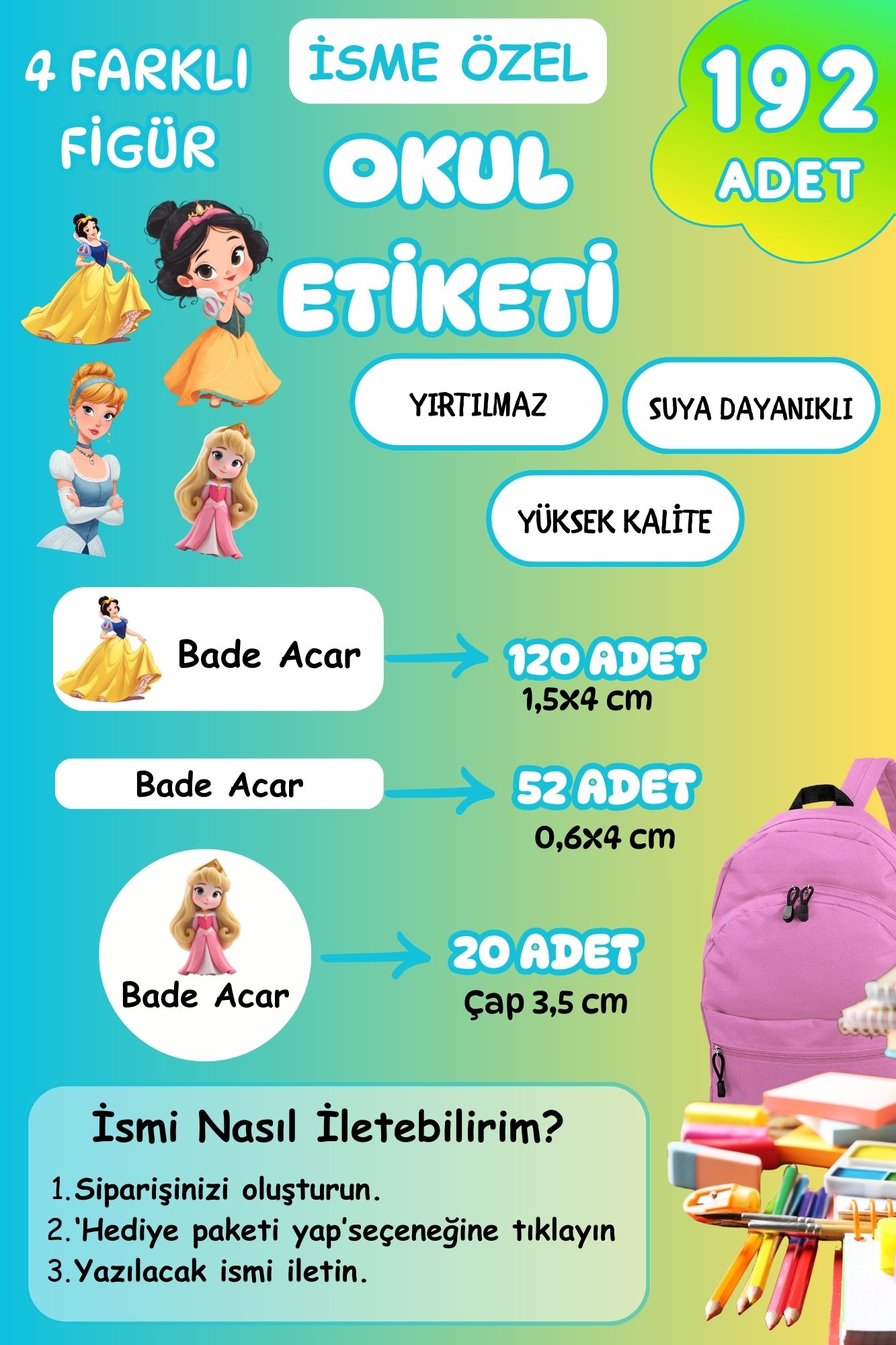 İsme Özel Okul Etiketi Kalem/Defter/Matara Etiketi Sticker  Prenses Temalı 192 Adet