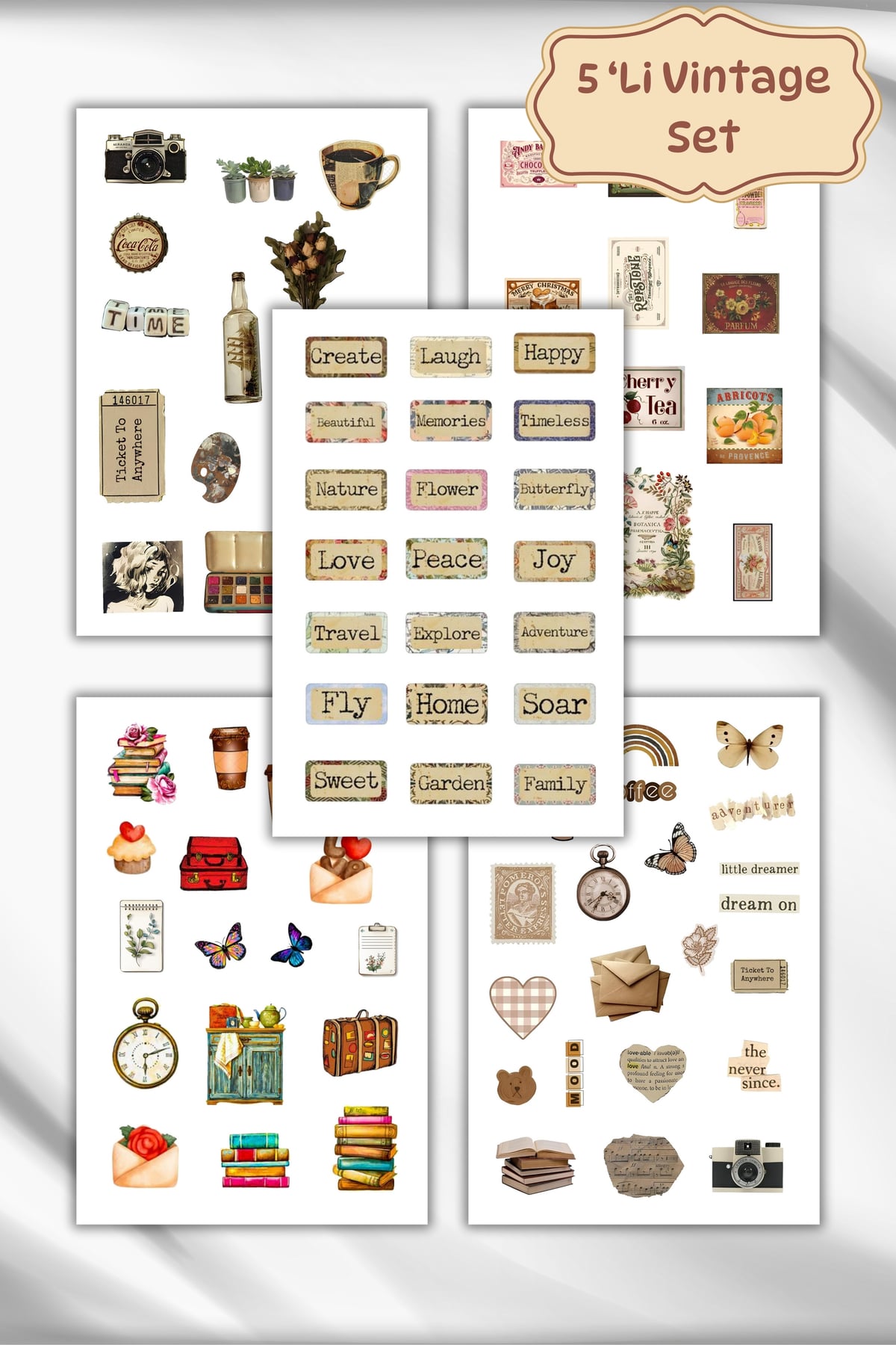 5'li Vintage Sticker Planner Ajanda Bullet Journal Için Uygun Set