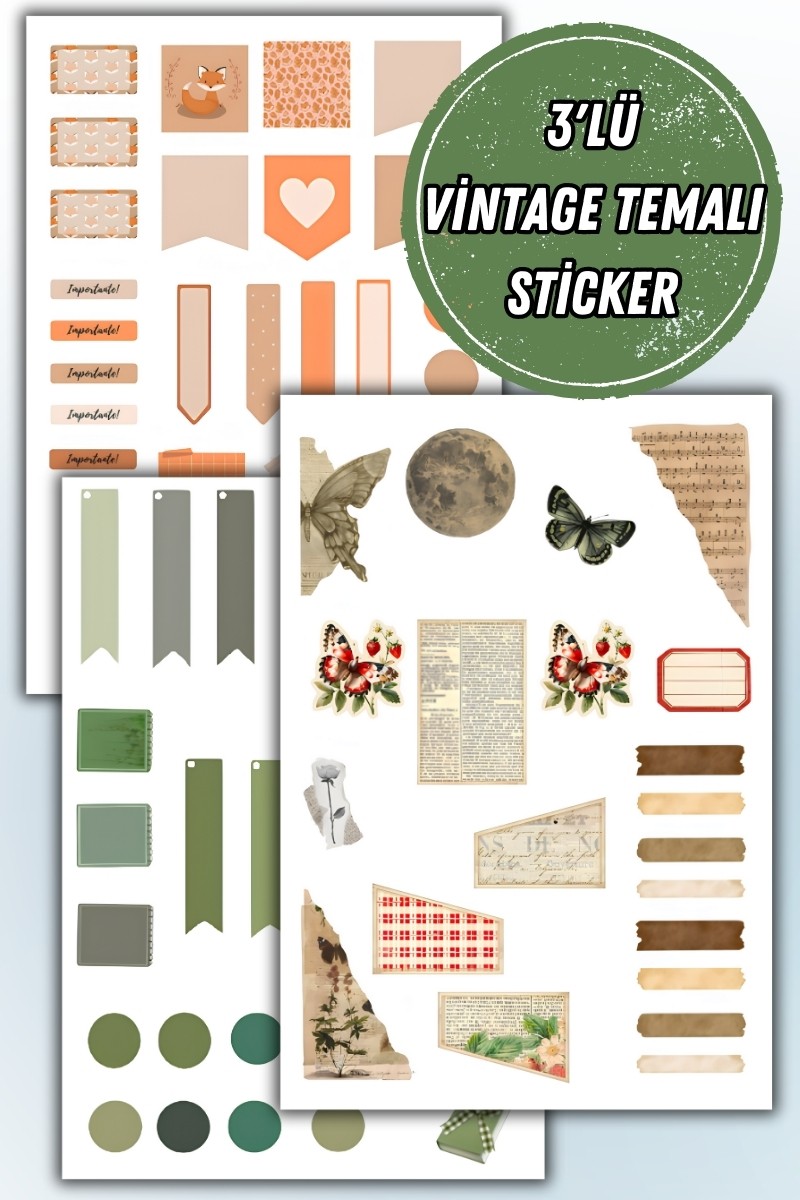 3'Lü Vintage Sticker Planner Ajanda Bullet Journal için Uygun Set