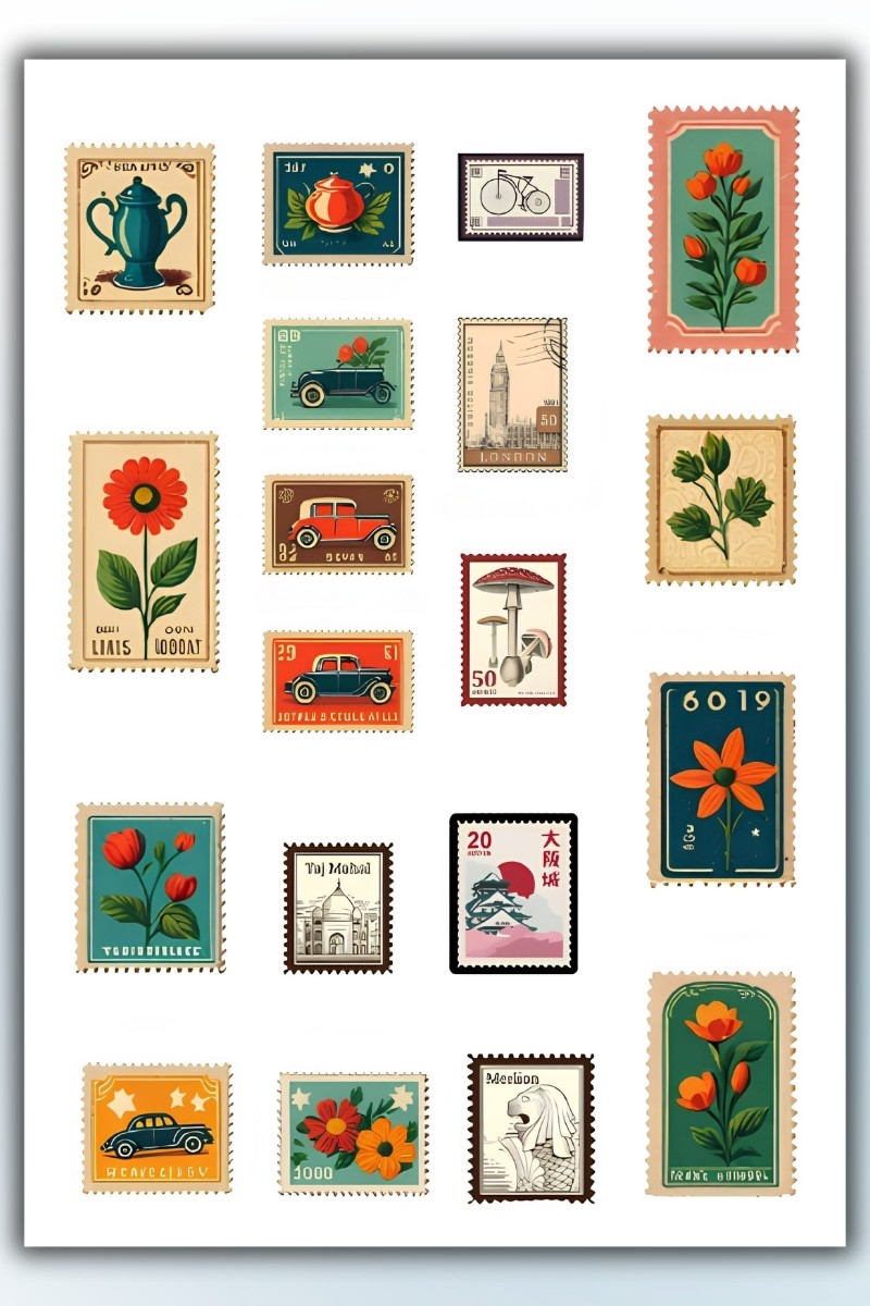 4 'Lü Vintage Pul Sticker Planner Ajanda Bullet Journal İçin Uygun Set