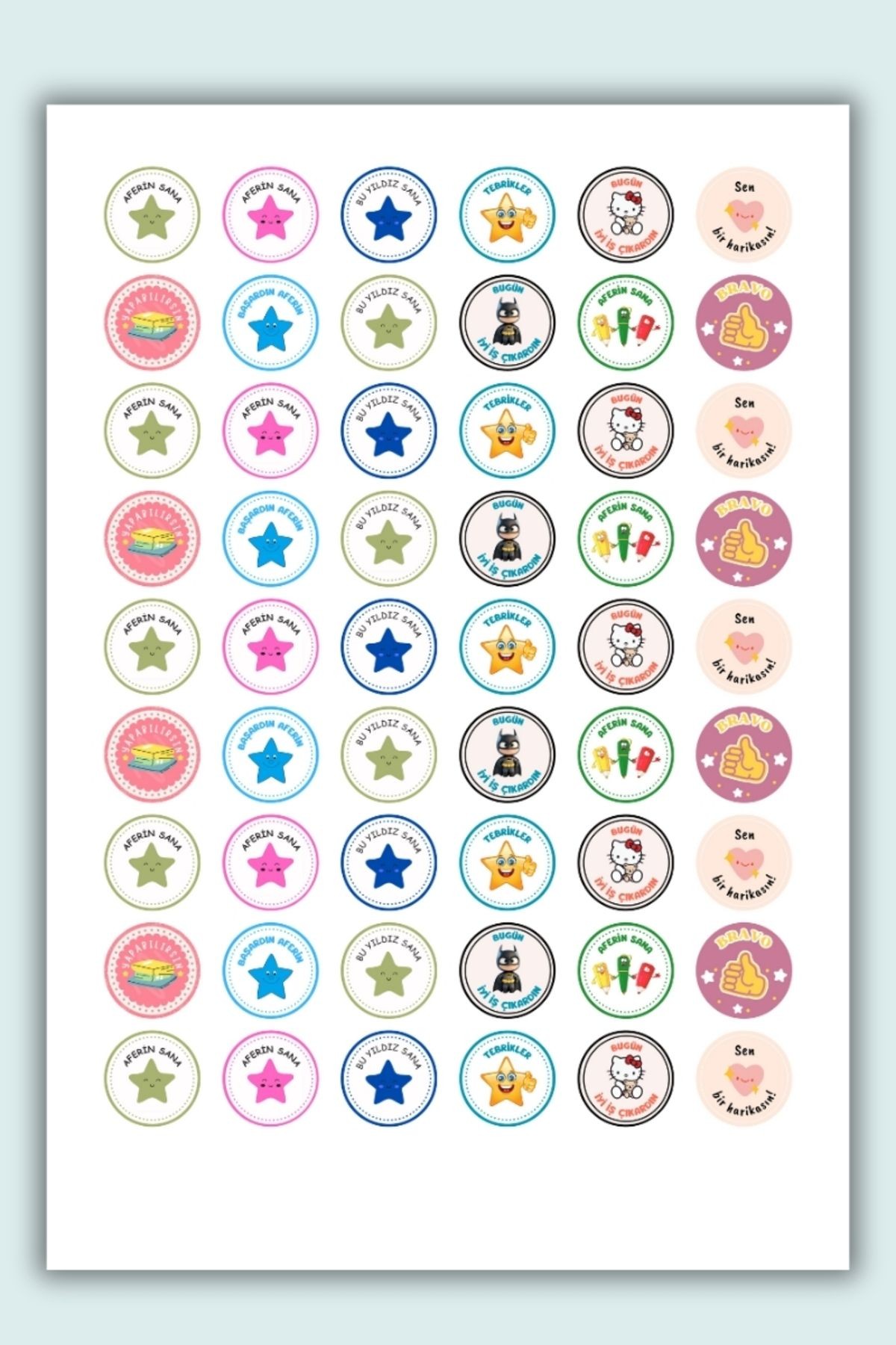 54 Adet Öğretmen Stickerı Motivasyon/ Öğrenci /Ödül / Ödev Stickerı /A4 Boyutu/2,5 cm