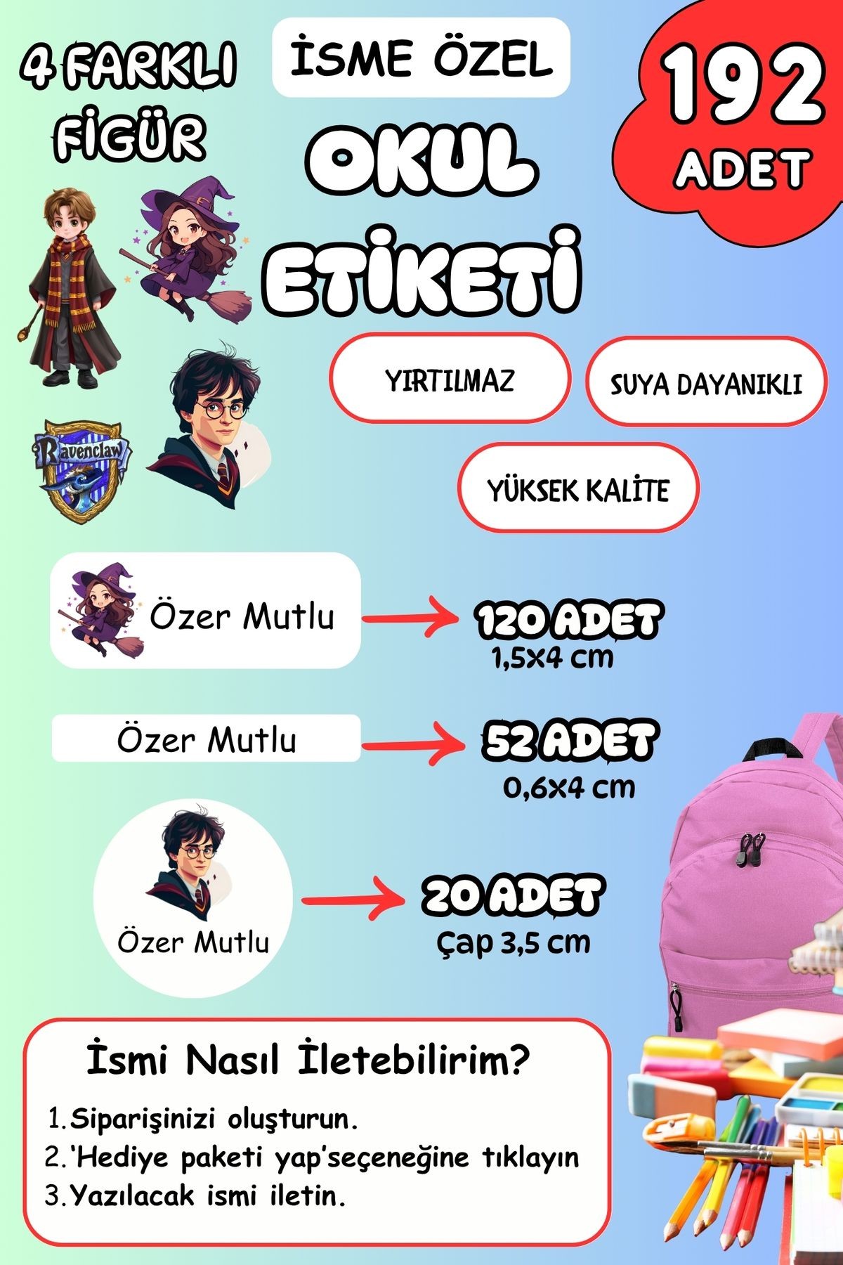 İsme Özel Okul Etiketi Kalem/Defter/Matara Etiketi Sticker Harry Potter Temalı 192 Adet