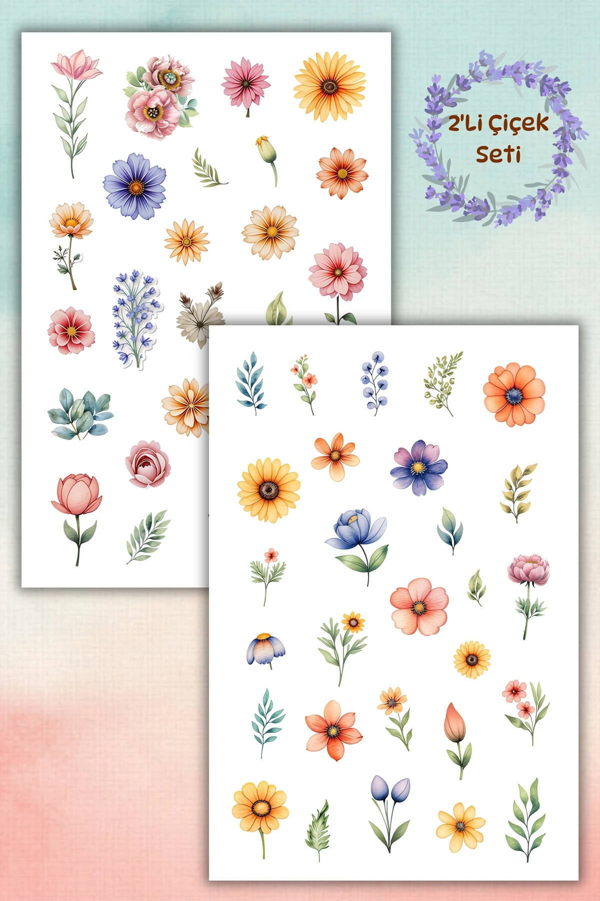 2'Li Soft Çiçek ve Bitki Temalı Sticker Seti / Bullet Journal Scrapbook Kolaj için uygun