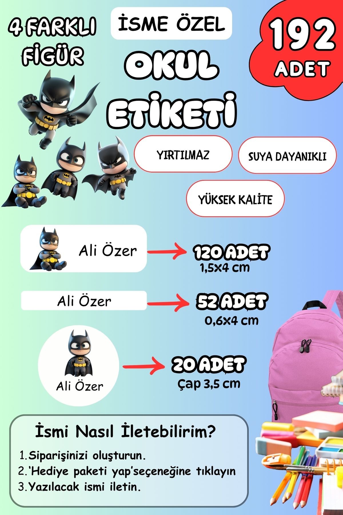 İsme Özel Okul Etiketi Kalem/Defter/Matara Etiketi Sticker Batman Temalı 192 Adet