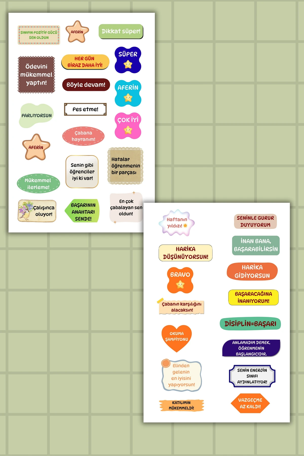 2 Sayfa Öğretmen Sticker/Etiket Seti Öğrenci/ İlham Verici Sözler/Ödül/