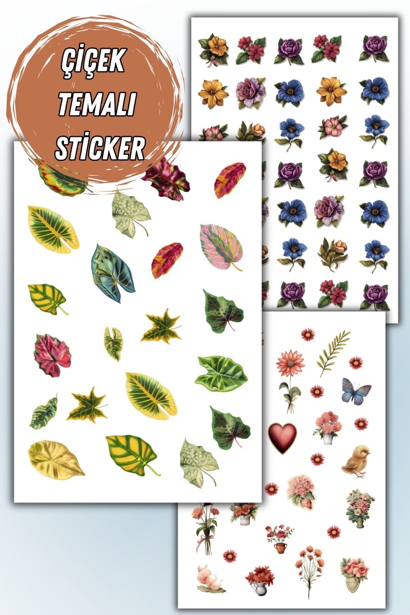 Birikiyedi Çiçek-Yaprak Temalı 3 'Lü Set Sticker Planner Ajanda Bullet Journal Için Uygun Set