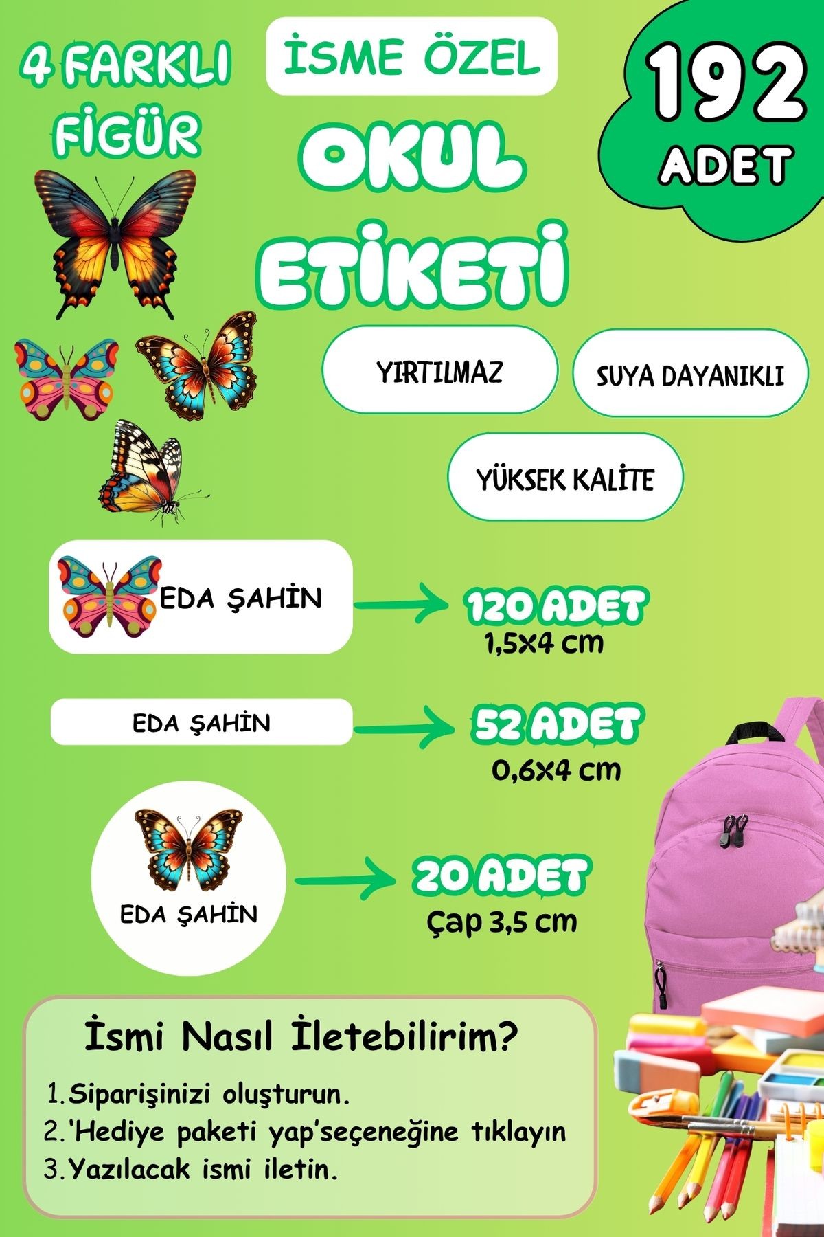 İsme Özel Okul Etiketi Kalem/Defter/Matara Etiketi Sticker Kelebek Temalı 192 Adet