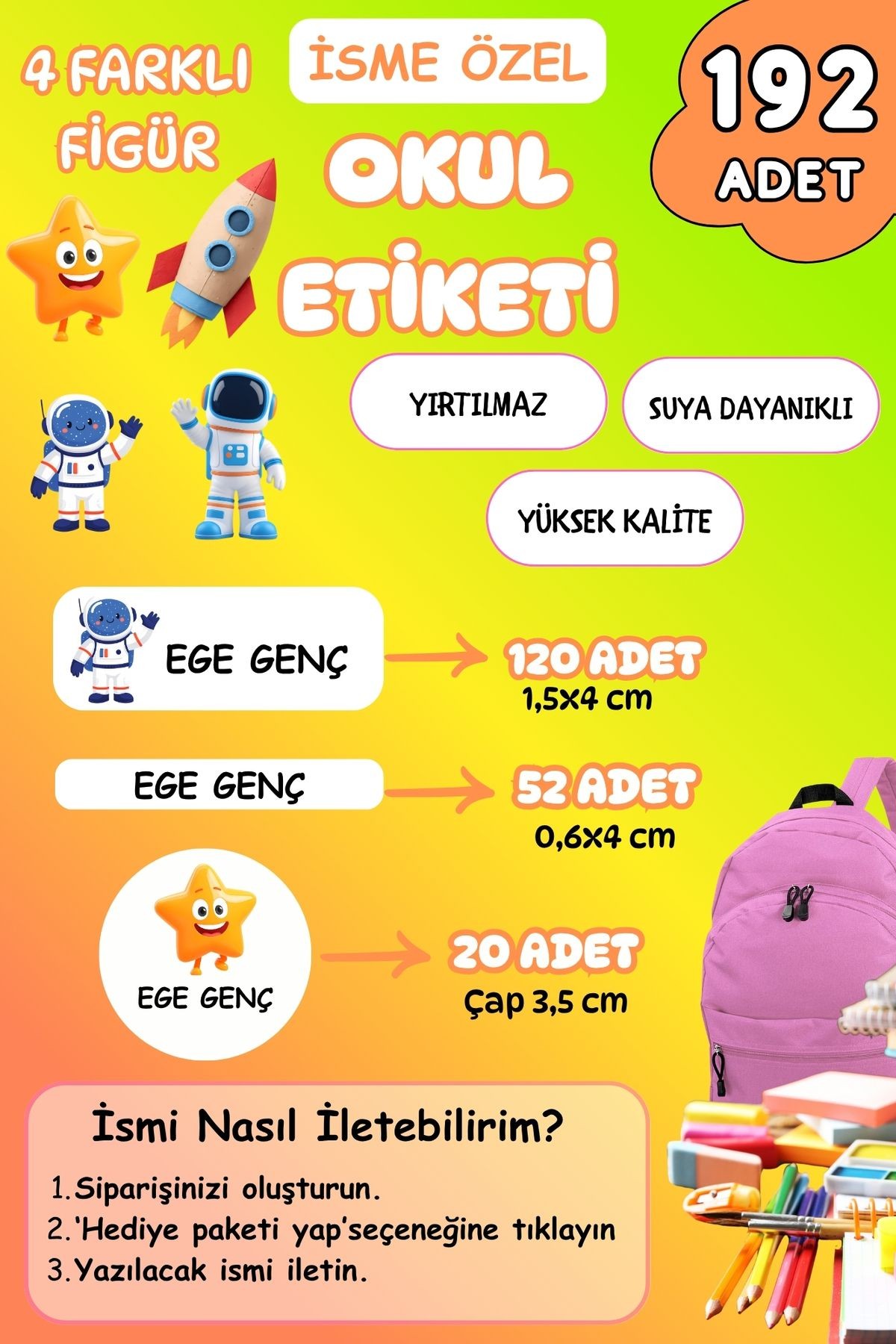 İsme Özel Okul Etiketi Kalem/Defter/Matara Etiketi Sticker Uzay Temalı 192 Adet