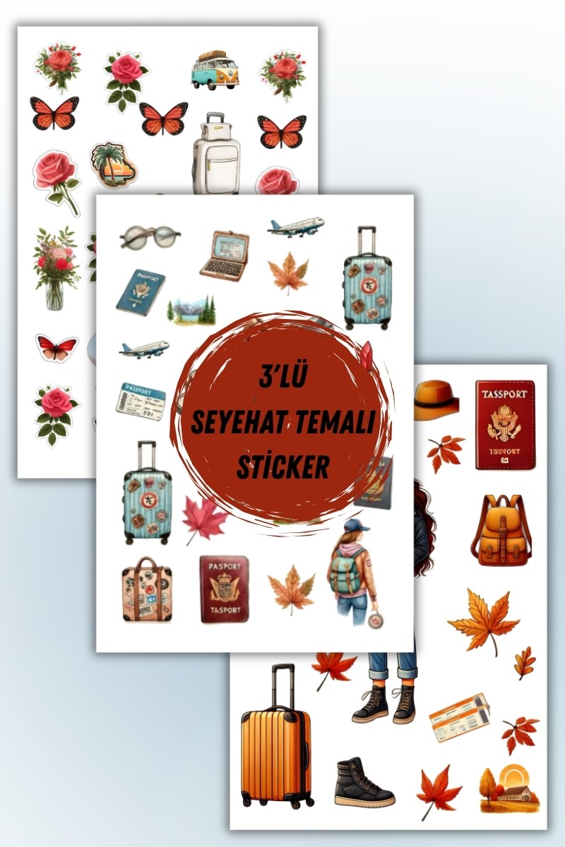 Birikiyedi Seyahat Temalı 3 lü set Sticker Planner Ajanda Bullet Journal Için Uygun Set