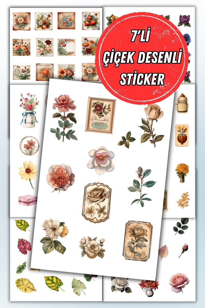 7 Li Çiçek Temalı Sticker Seti Ajanda Planlayıcı Bullet Journal Için Uygundur