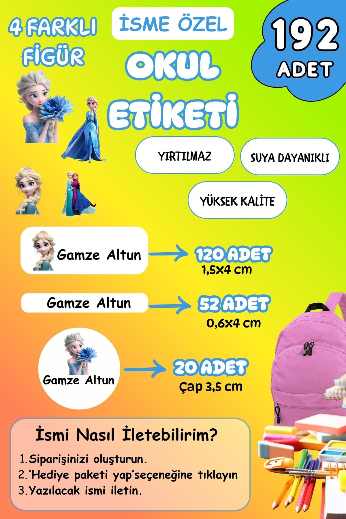 İsme Özel Okul Etiketi Kalem/Defter/Matara Etiketi Sticker Elsa Frozen Temalı 192 Adet