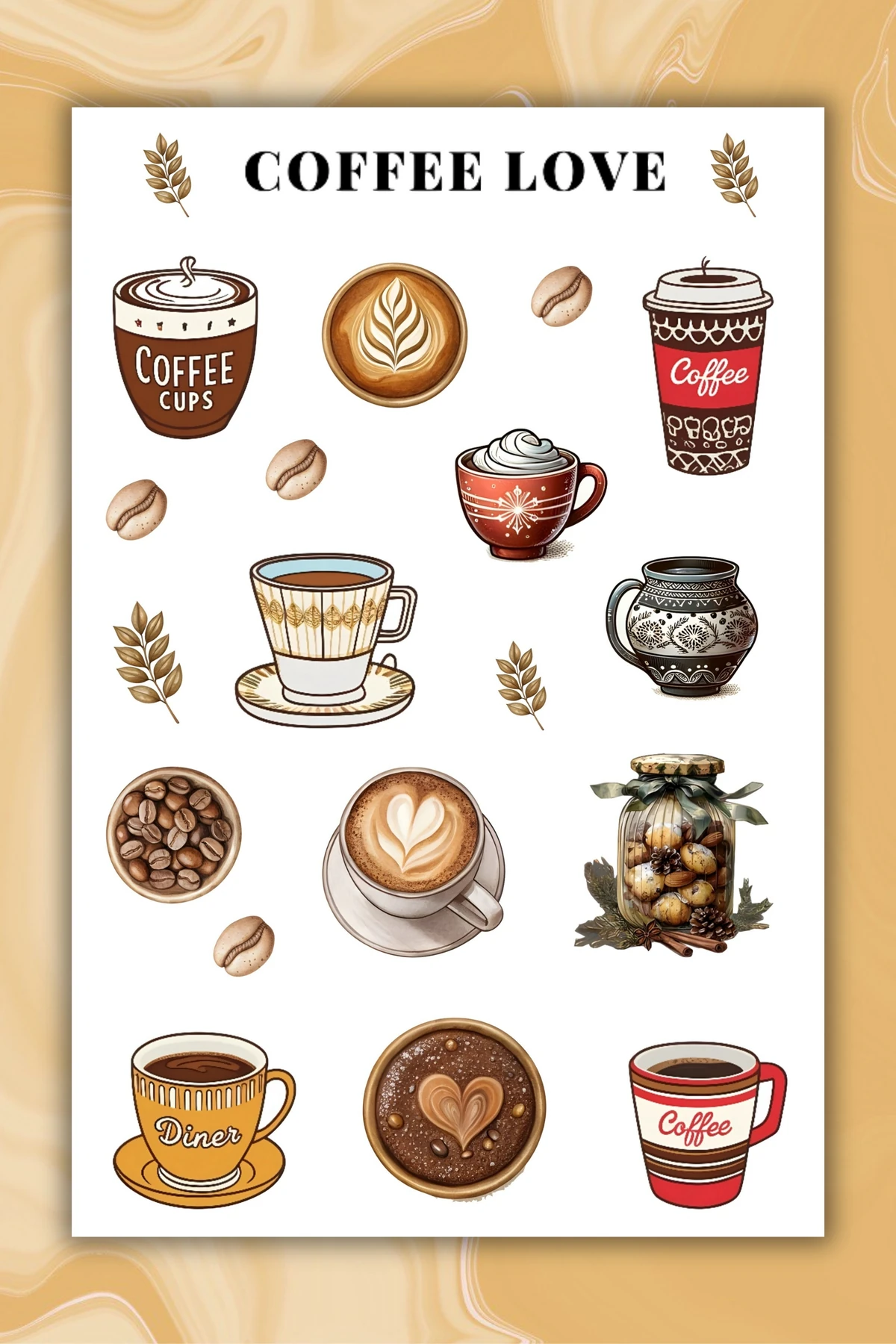 2 'Li Kahve Temalı Sticker Etiket Seti - Coffee Sticker - Laptop Notebook Telefon