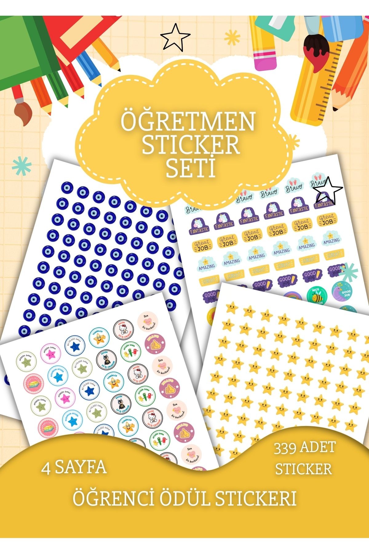 4 Sayfa Öğretmen Sticker Seti Öğrenci/ Ödül/ Ödev Stickerı/A4 Boyutu