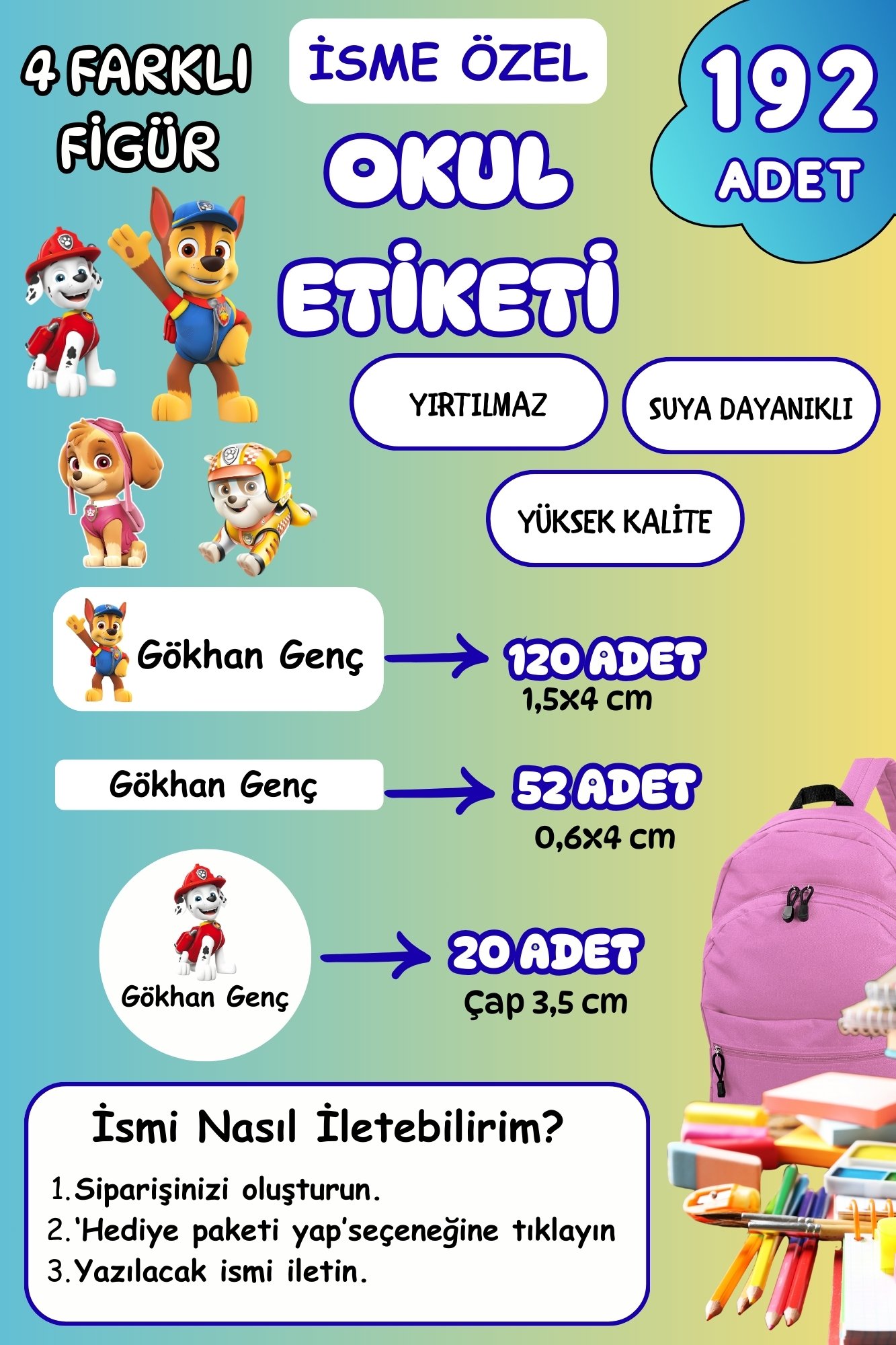 İsme Özel Okul Etiketi Kalem/Defter/Matara Etiketi Sticker Paw Patrol Temalı 192 Adet