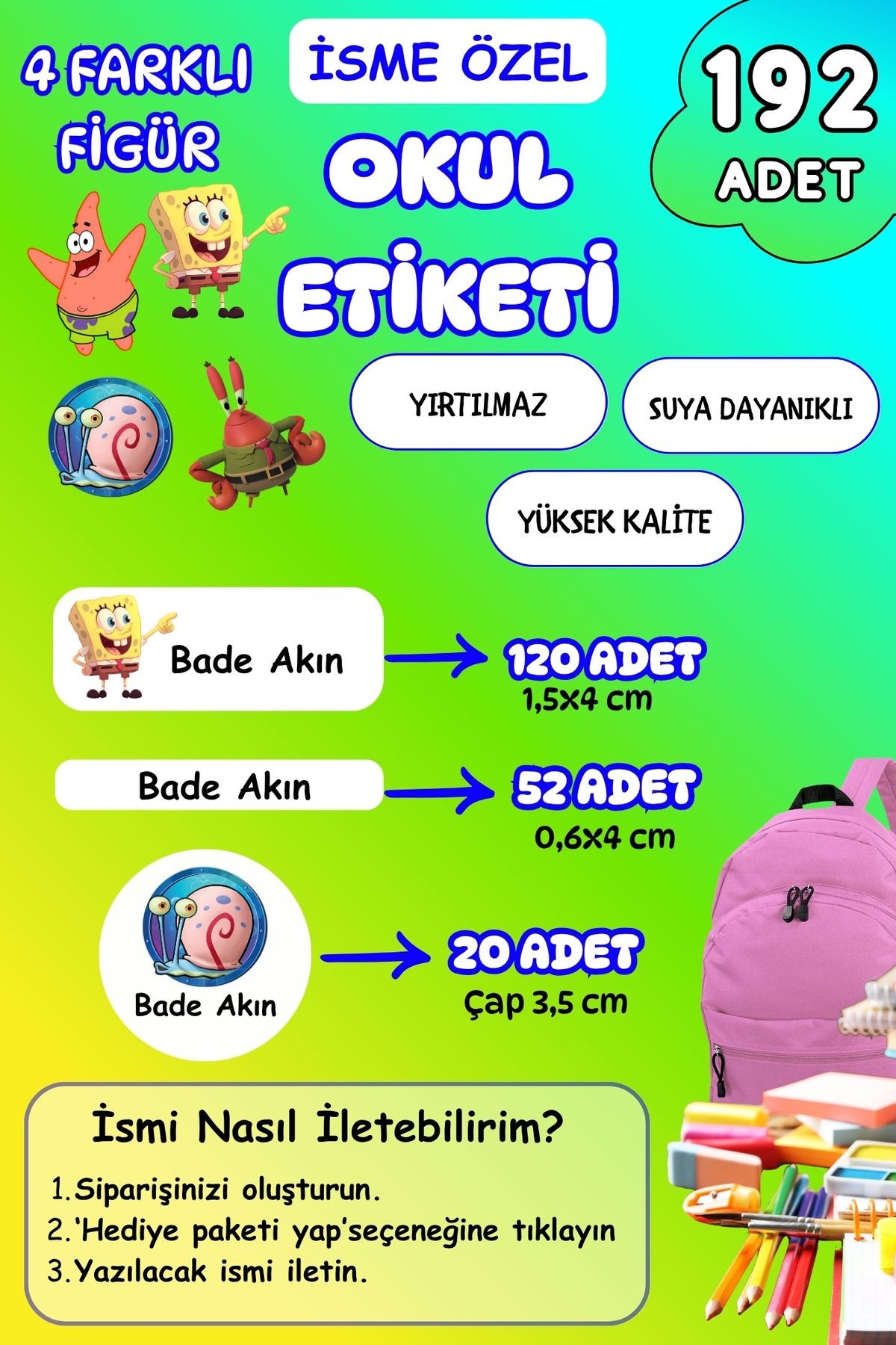 İsme Özel Okul Etiketi Kalem/Defter/Matara Etiketi Sticker Sünger Bob ,Patrick Yıldız 192 Adet