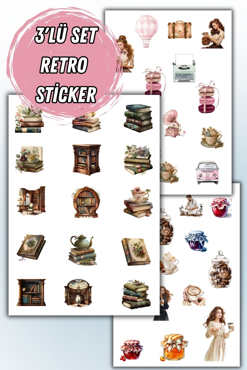 Birikiyedi 3 'Lü Retro Sticker Set Planlayıcı  Planner Ajanda Bullet Journal İçin Uygun Set