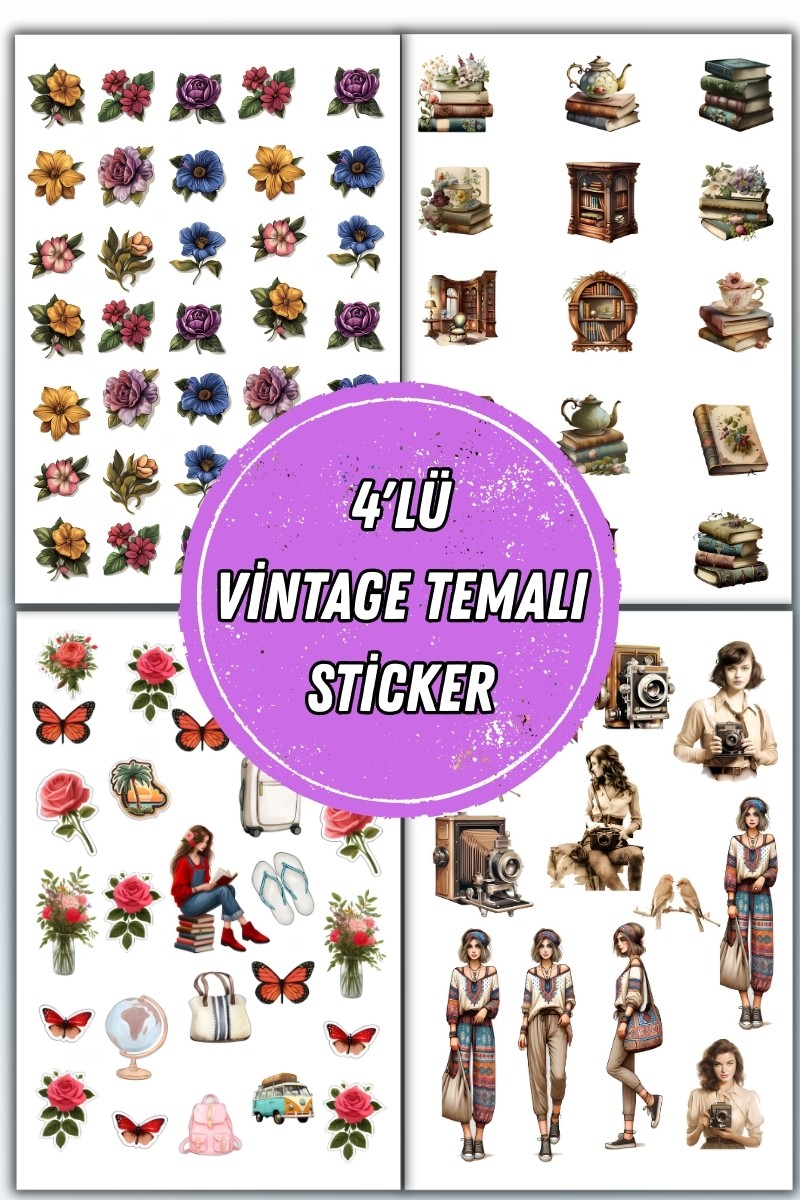 Birikiyedi Nostalji  Vintage Temalı 4 Lü  Sticker Seti / Bullet Journal Scrapbook Kolaj için uygun