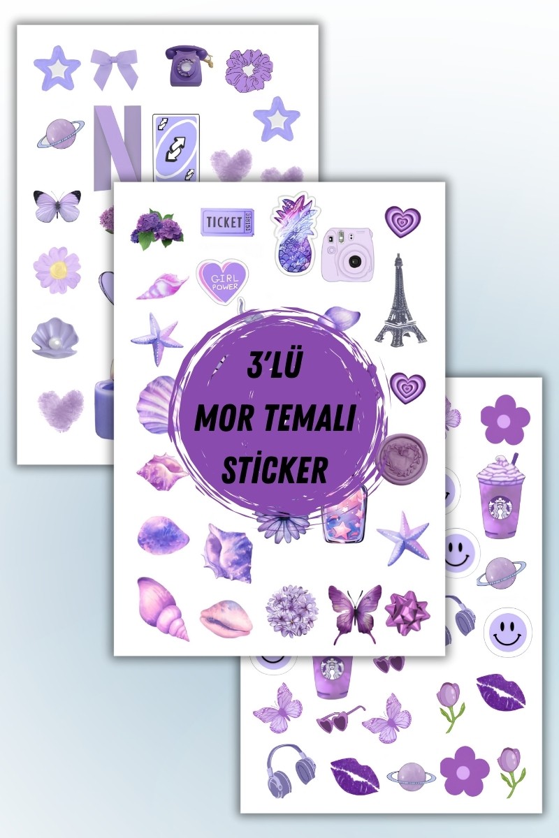 Birikiyedi Mor Temalı 3 Lü Sticker Planner Ajanda Bullet Journal Için Uygun Set