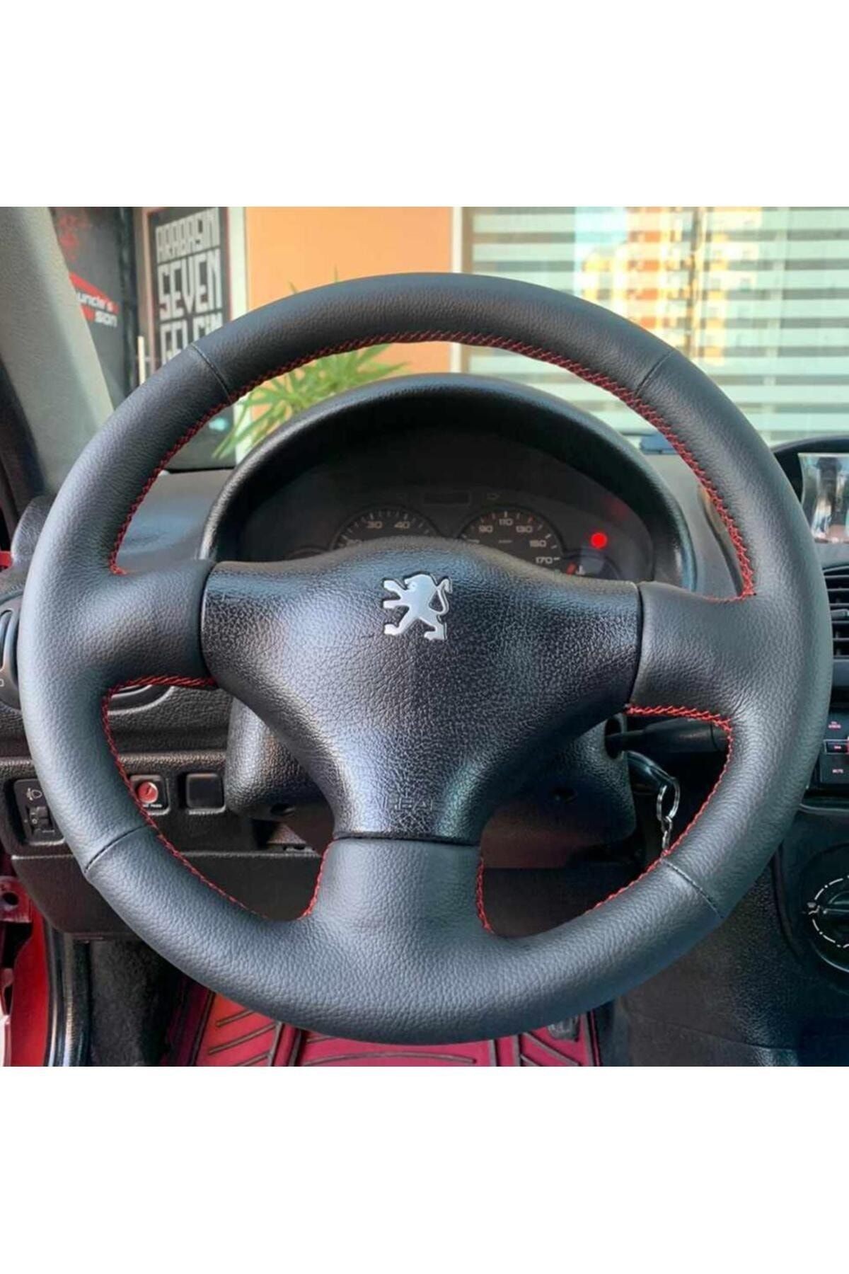 PEUGEOT 206 (1999-2003) ARACA ÖZEL DİREKSİYON KILIFI DÜZ MODEL KIRMIZI İPLİ