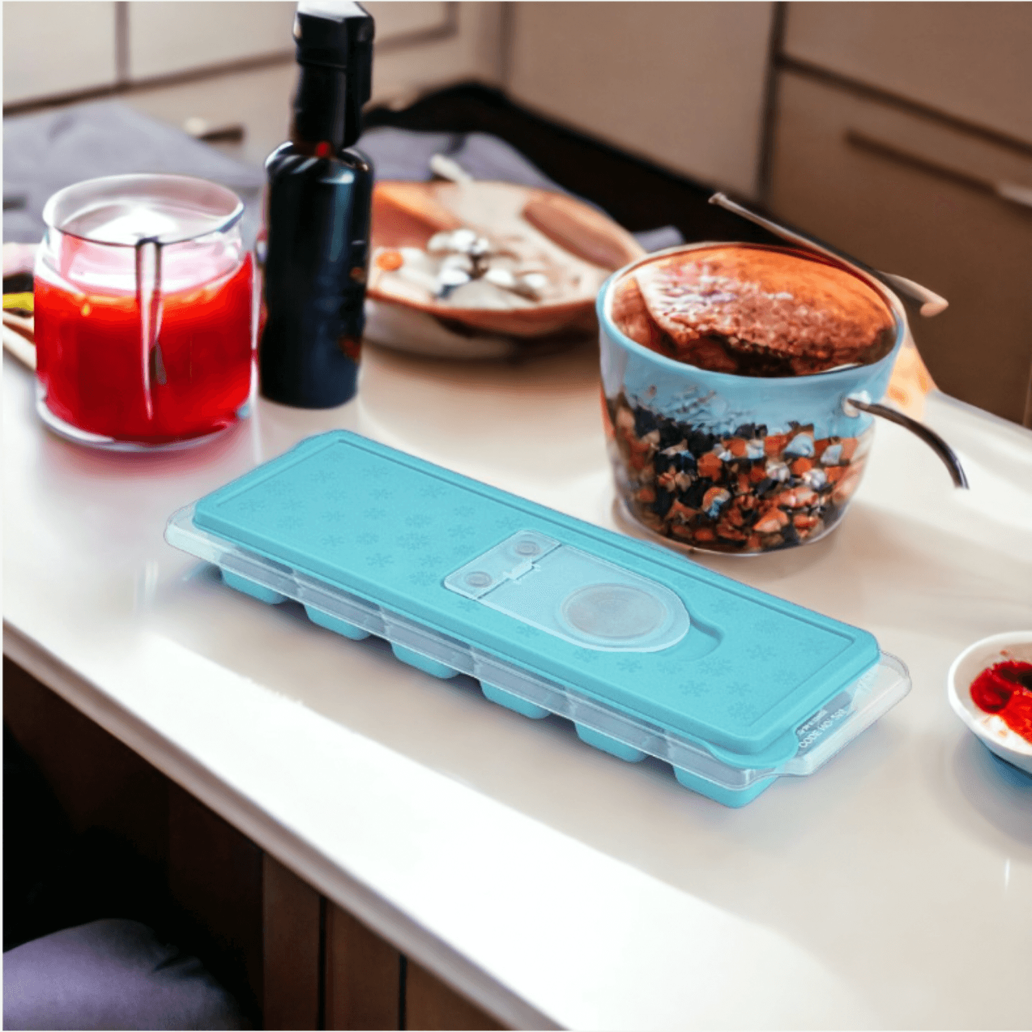 Silicone Ice Cube Tray with 12 Compartments, Non-Stick and Easy Release with a Cover, Easy Water Filling Feature. - TURQUOISE