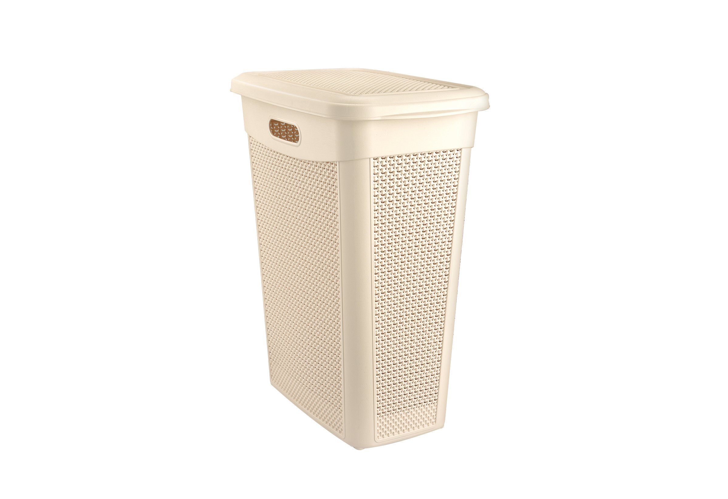 Woven Patterned Laundry Basket with Lid, 43 Liter Slim Laundry Basket - CREAM