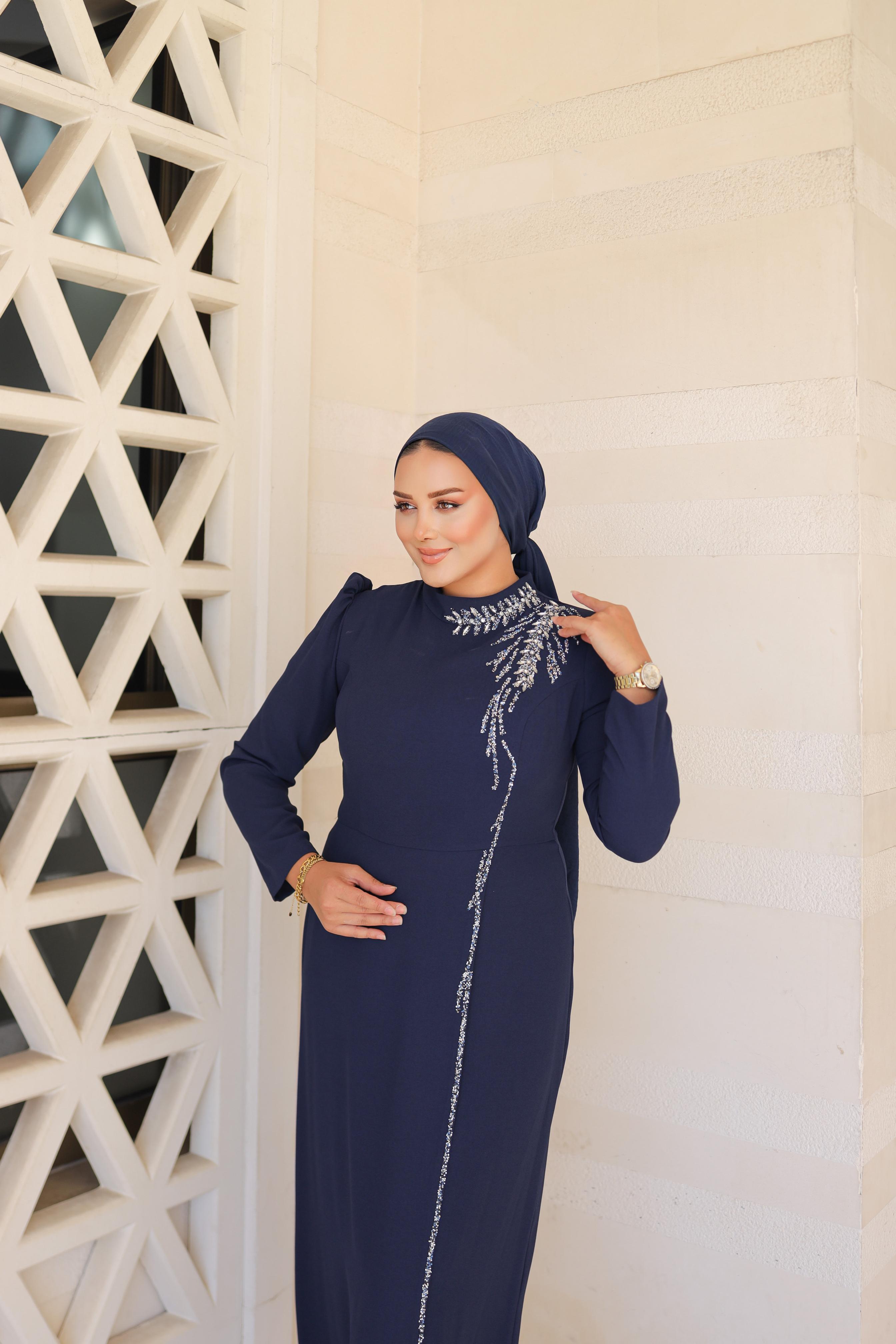 Stone-Embroidered Plus Size Crepe Dress 8287 - Navy Blue
