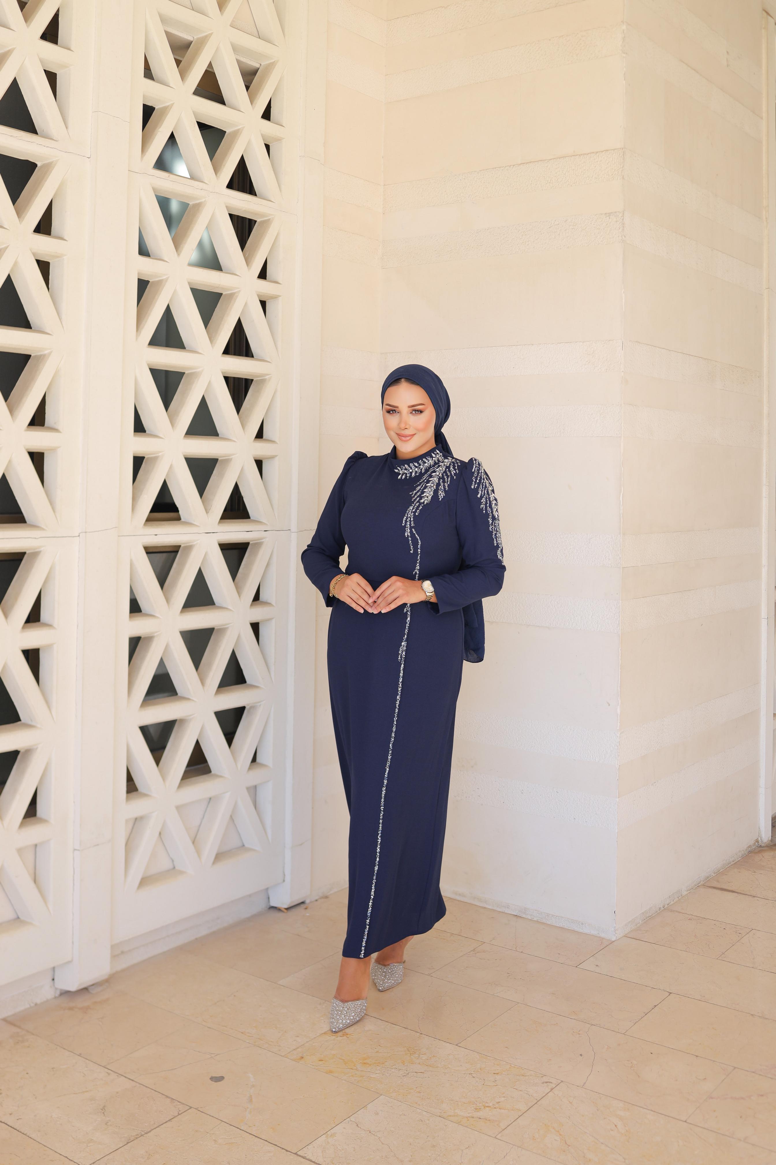 Stone-Embroidered Plus Size Crepe Dress 8287 - Navy Blue
