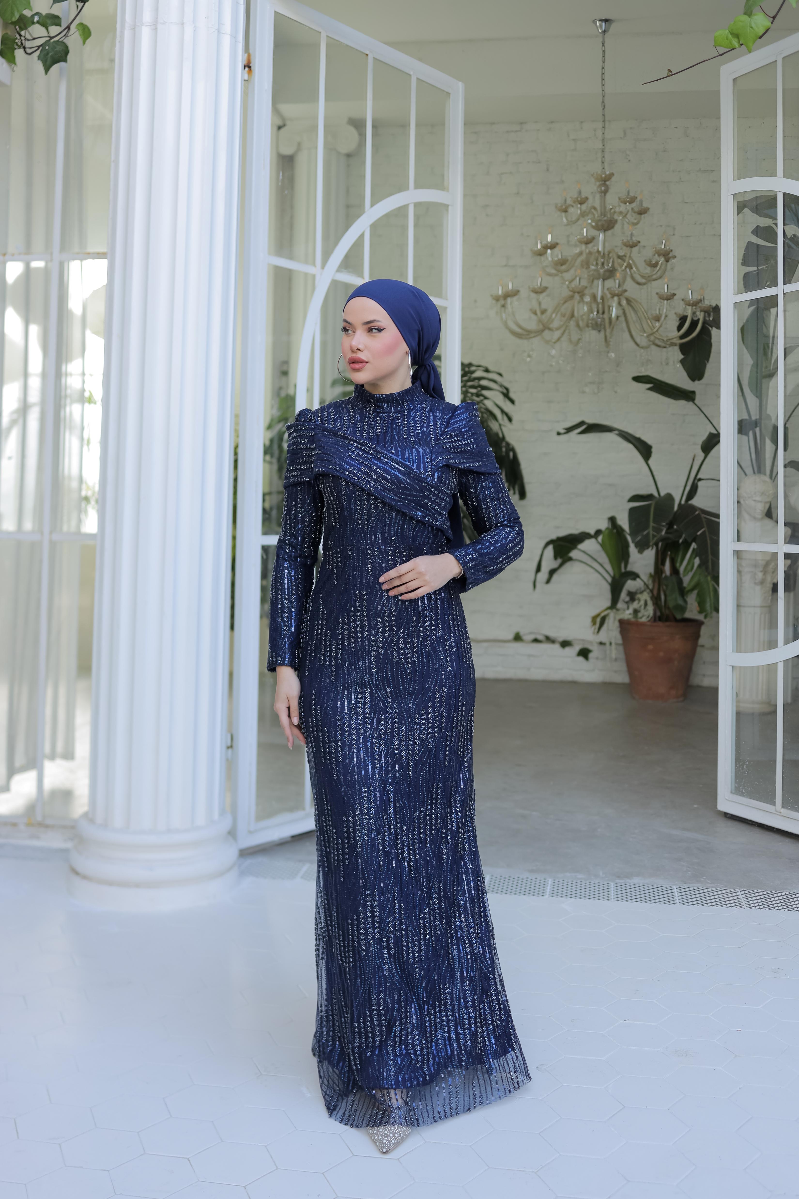 Boncuk İşlemeli Abiye 8427 - Navy Blue