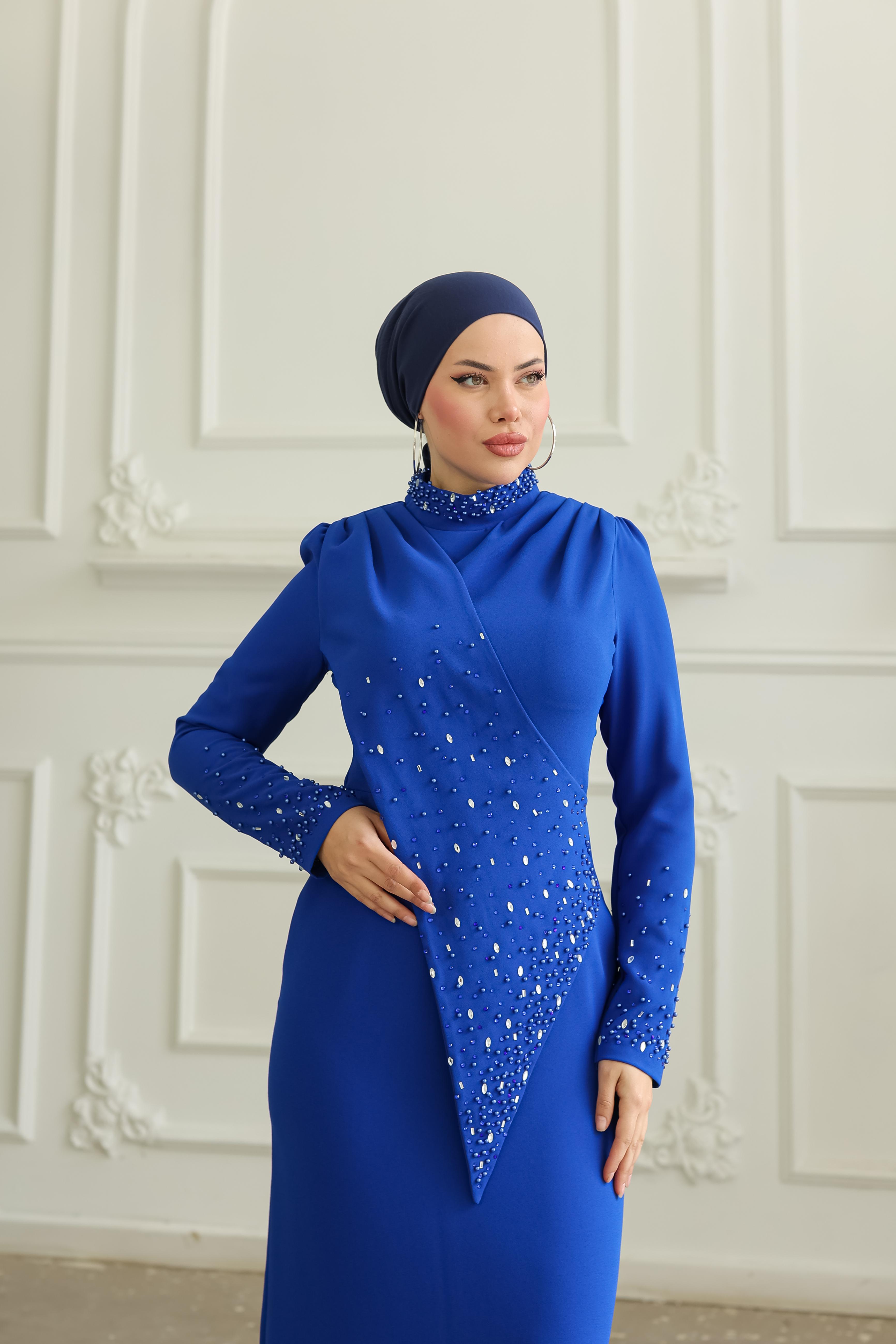 Boncuk İşlemeli Elbise 8366 - Cobalt Blue