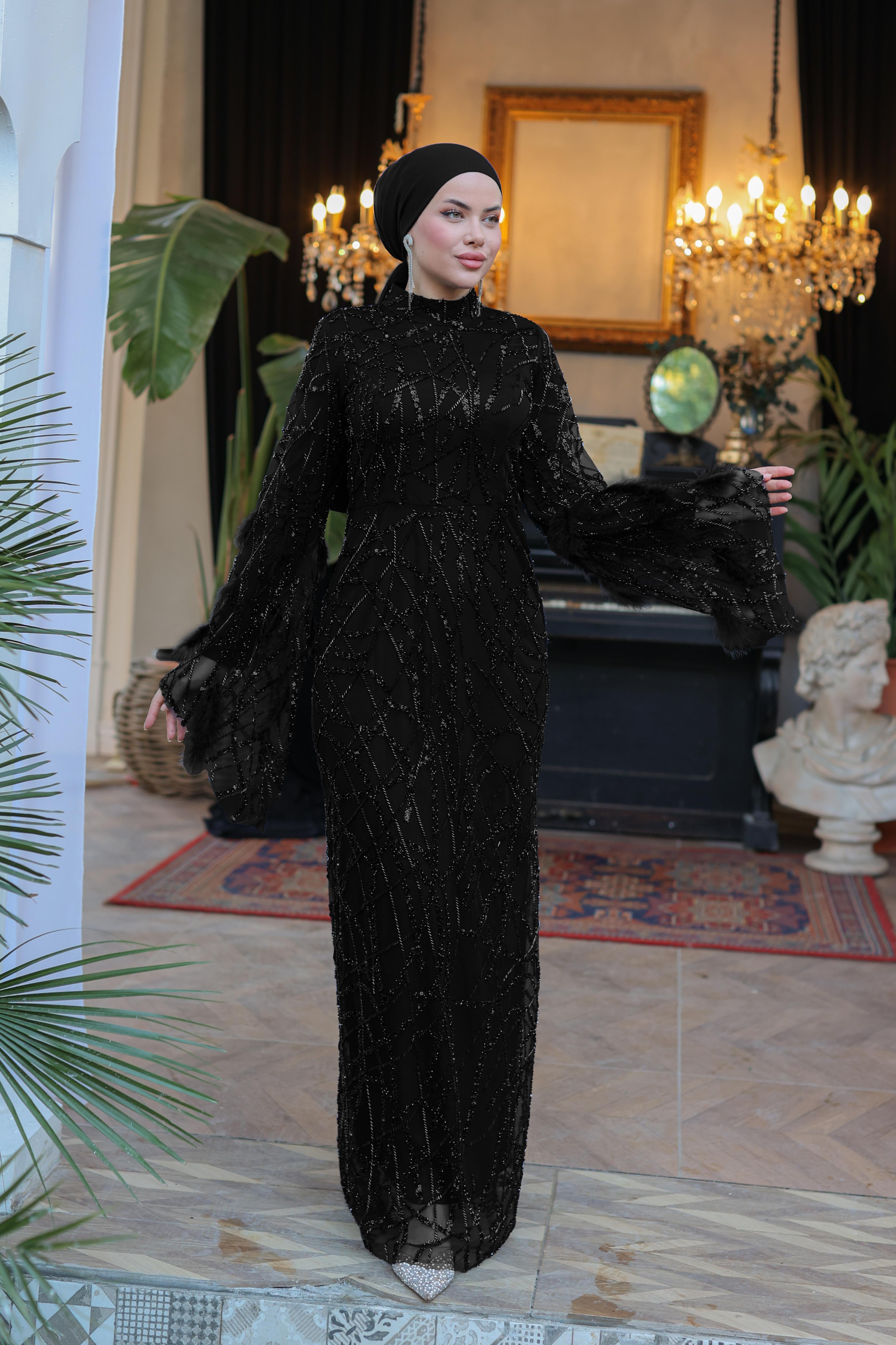 Beaded Embroidered Feathered Sleeve Evening Dress 8395 - Black