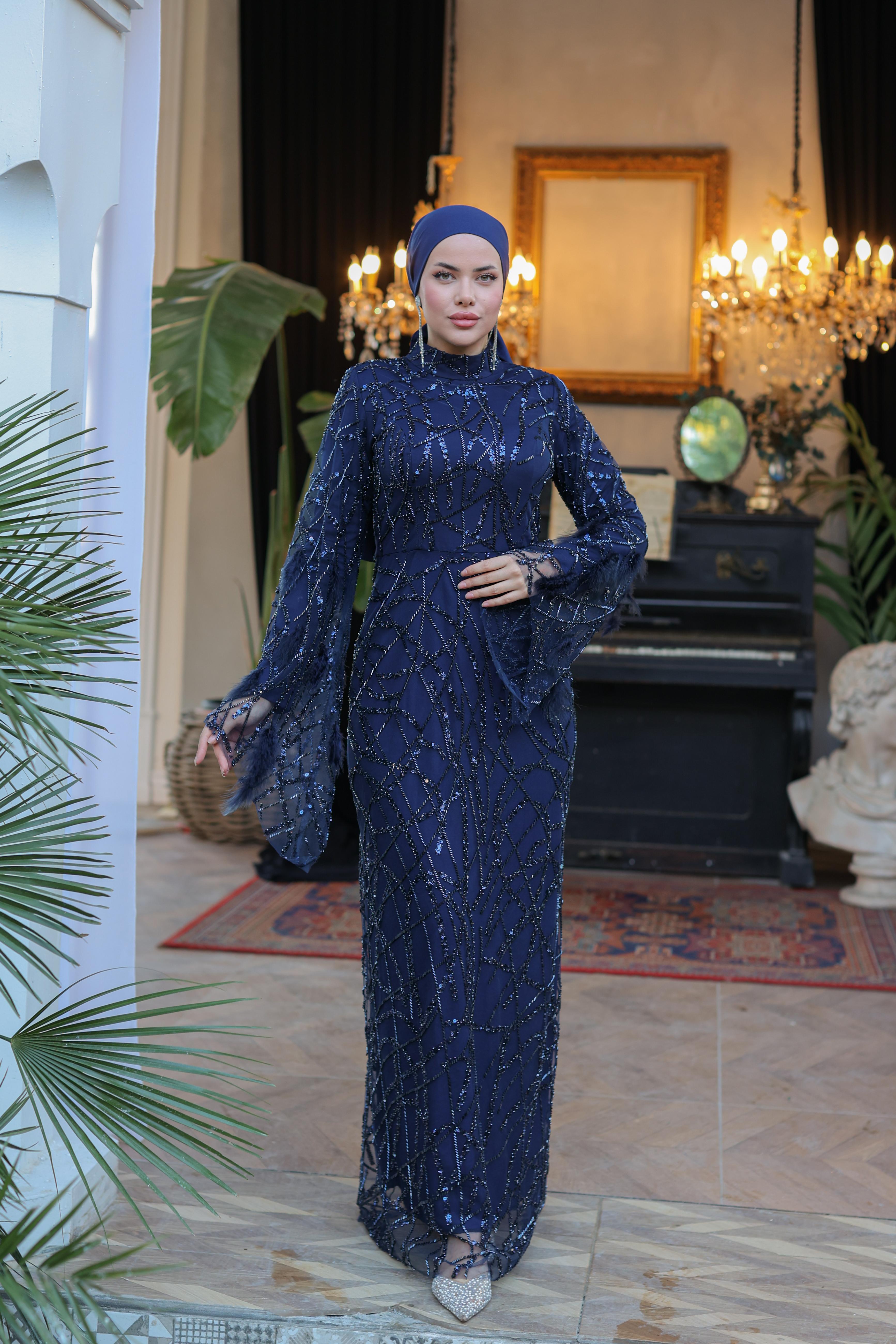 Beaded Embroidered Feathered Sleeve Evening Dress 8395 - Navy Blue