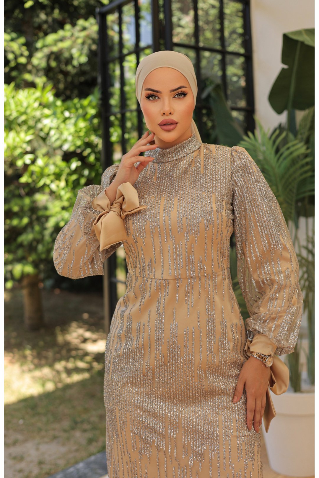 Embroidered Tie-Sleeve Gown 8217 - Gold