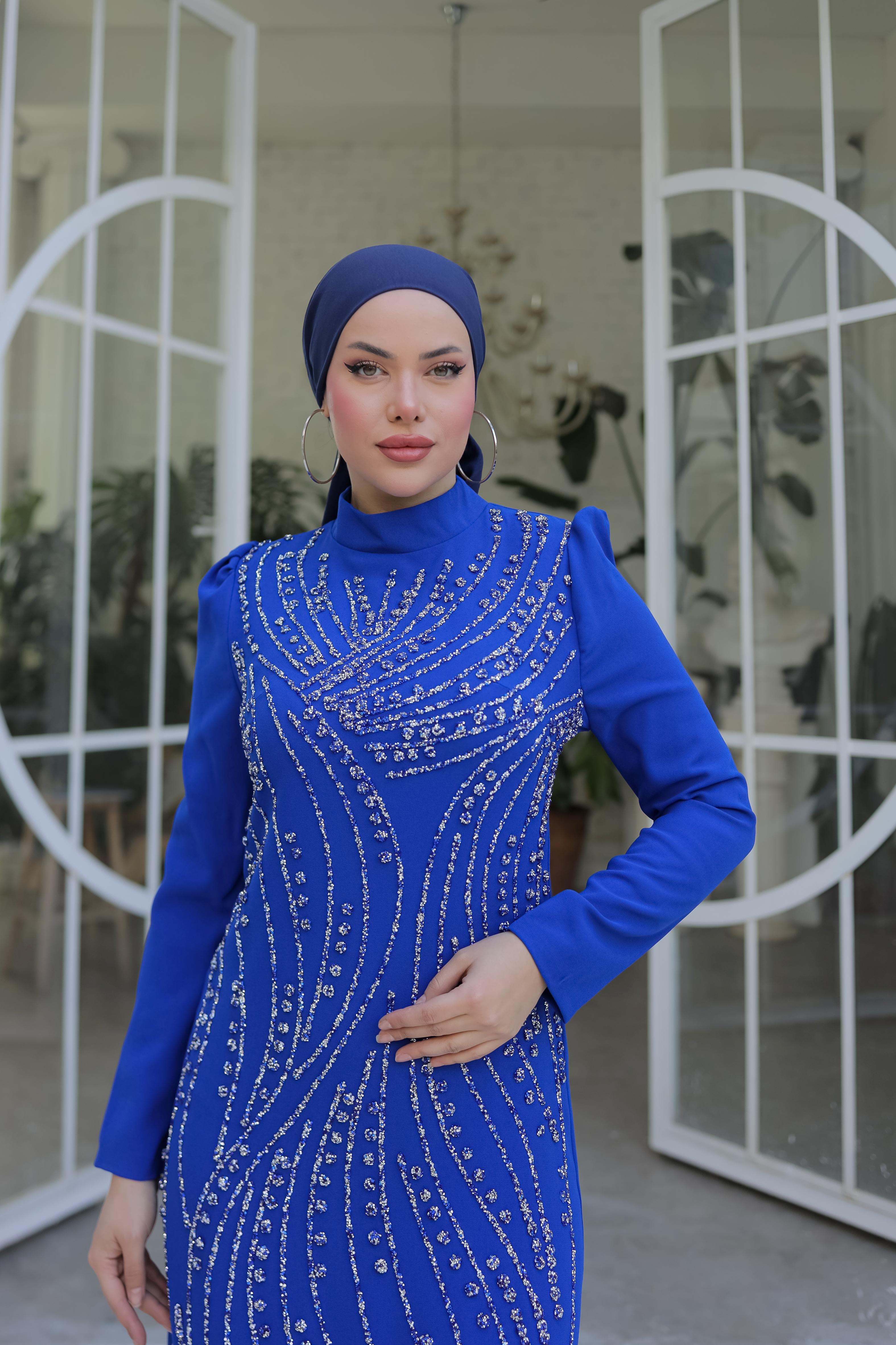 Taş İşlemeli Krep Abiye 8375 - Cobalt Blue