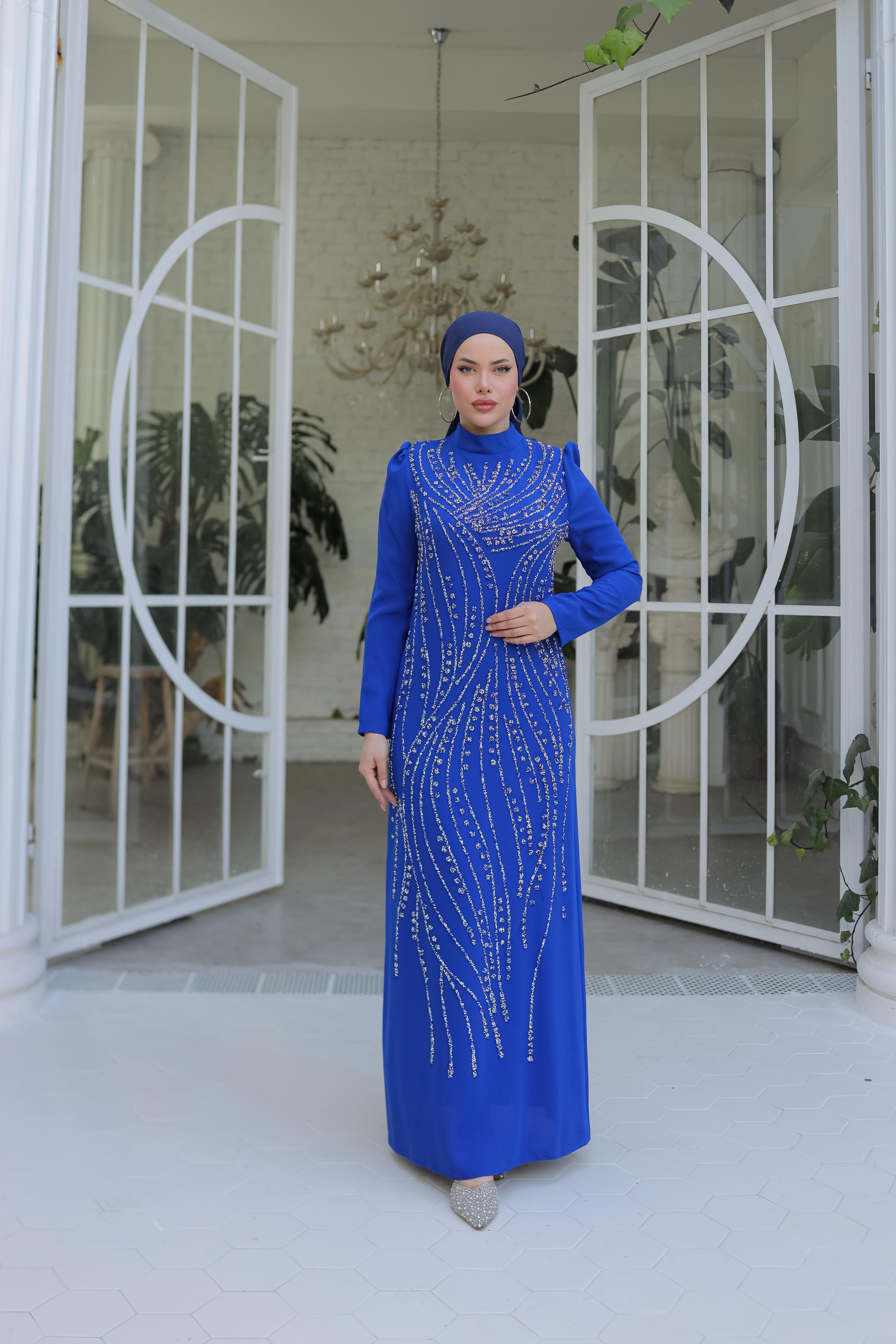 Taş İşlemeli Krep Abiye 8375 - Cobalt Blue