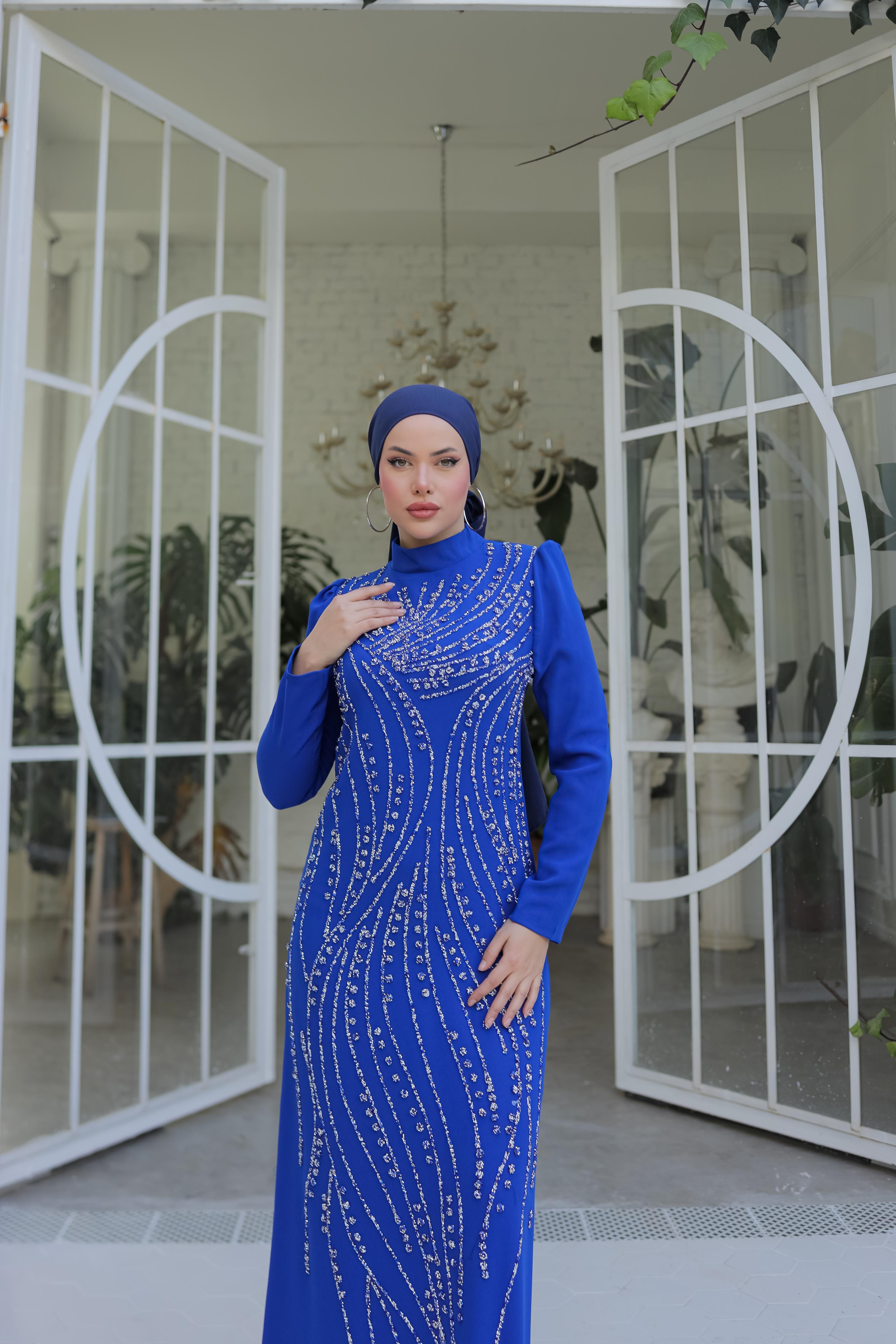 Taş İşlemeli Krep Abiye 8375 - Cobalt Blue