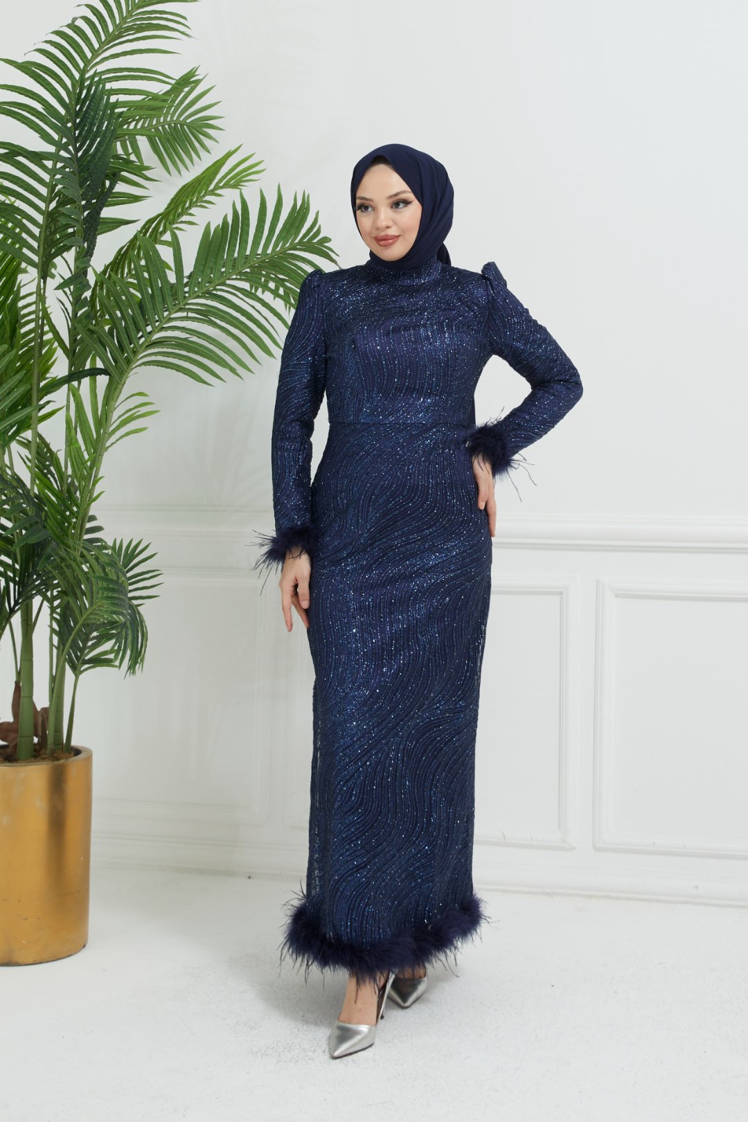 Embroidered Feathered Sleeve and Hem Gown 8104 - Navy Blue