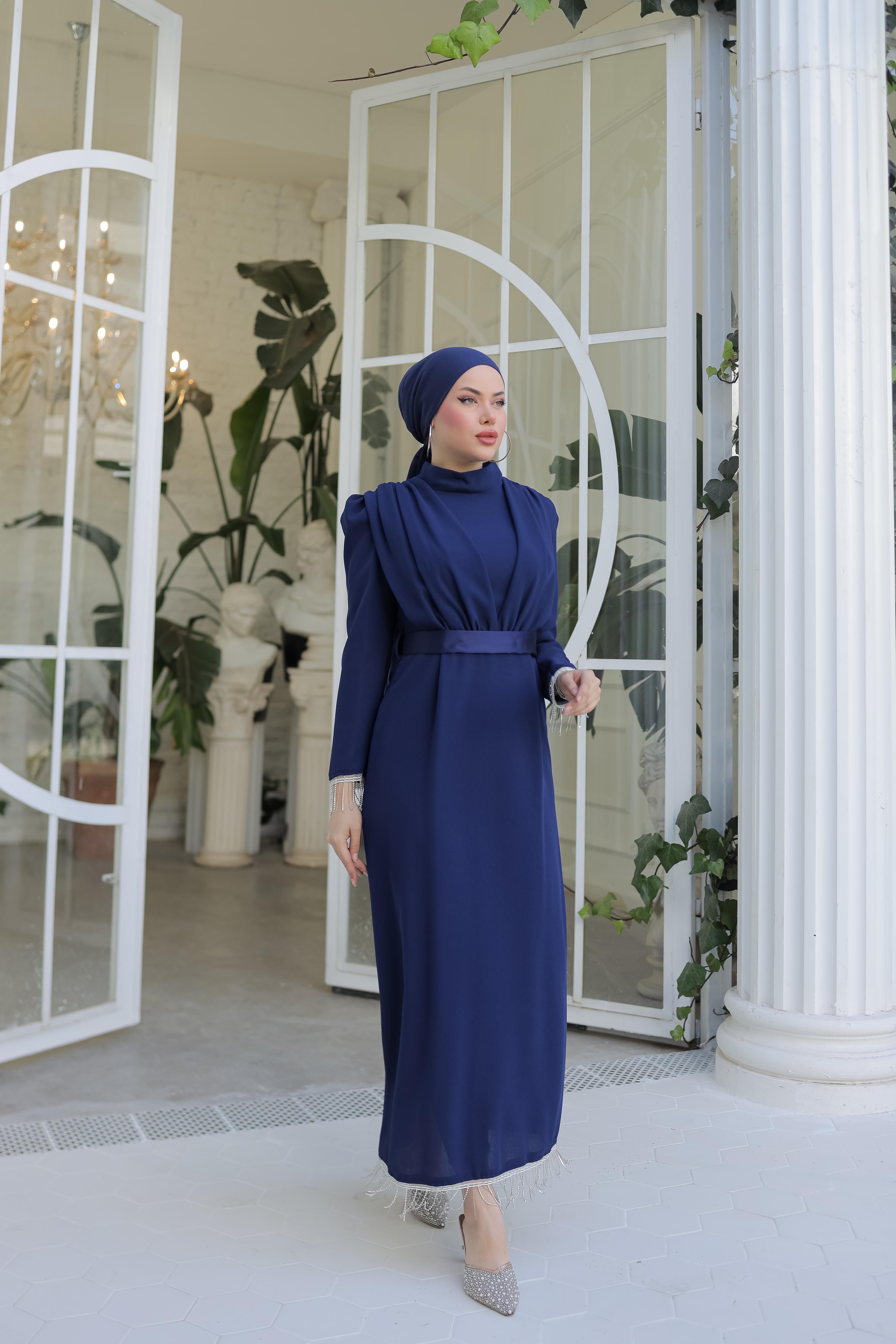 Kolu Ve Eteği Püsküllü Kemer Detaylı Elbise 8386 - Navy Blue