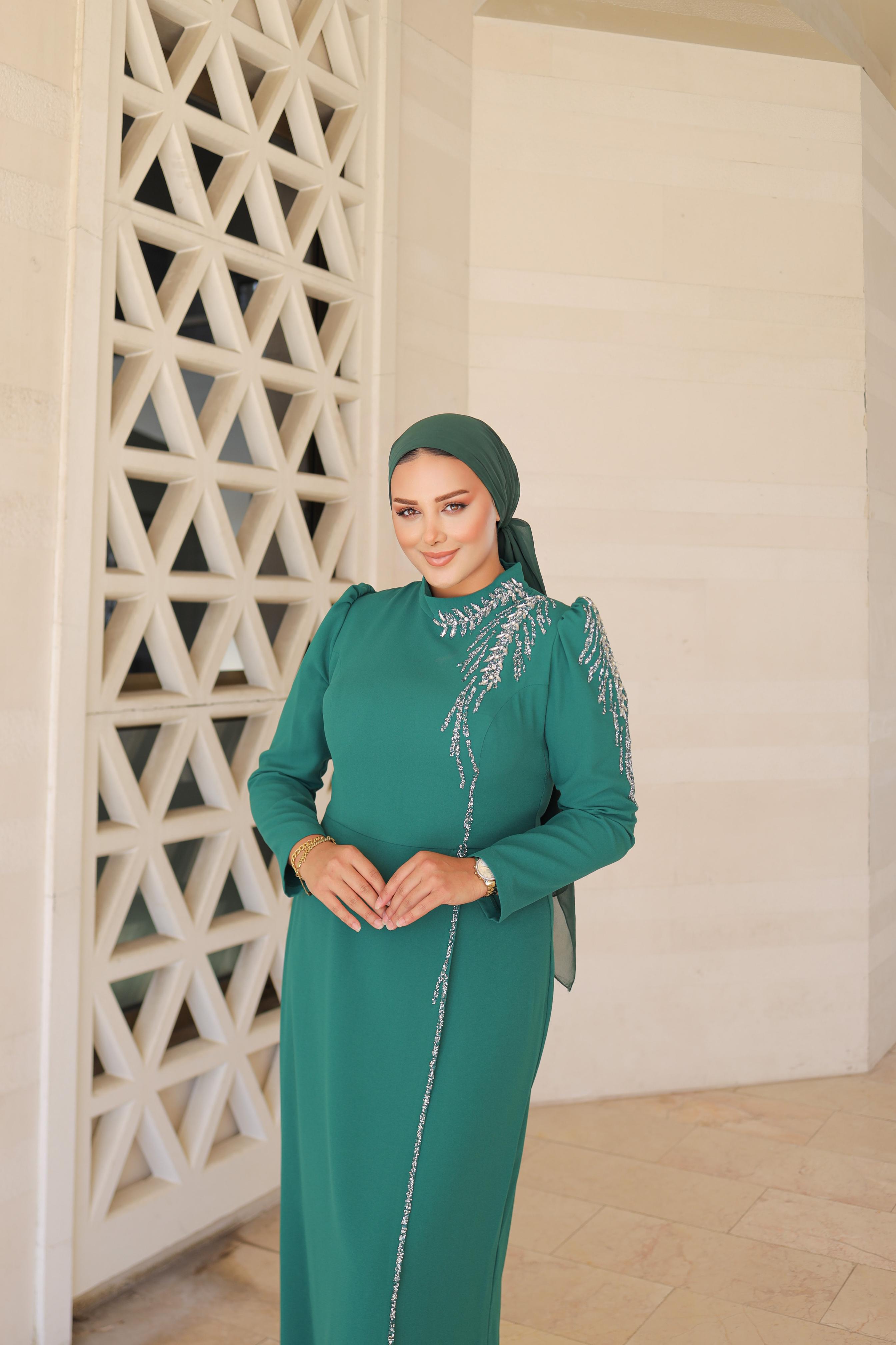 Stone-Embroidered Plus Size Crepe Dress 8287 - Emerald