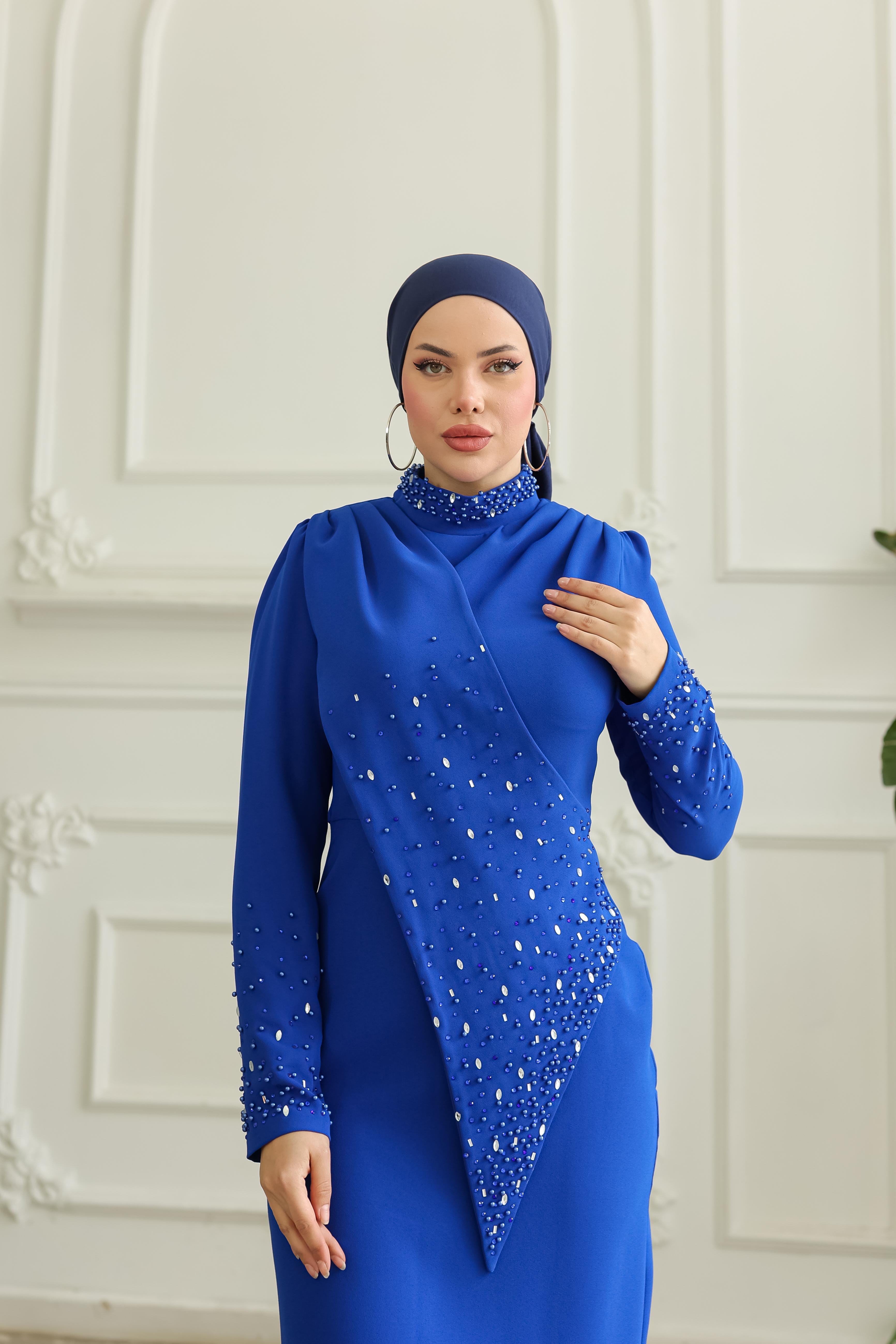 Boncuk İşlemeli Elbise 8366 - Cobalt Blue