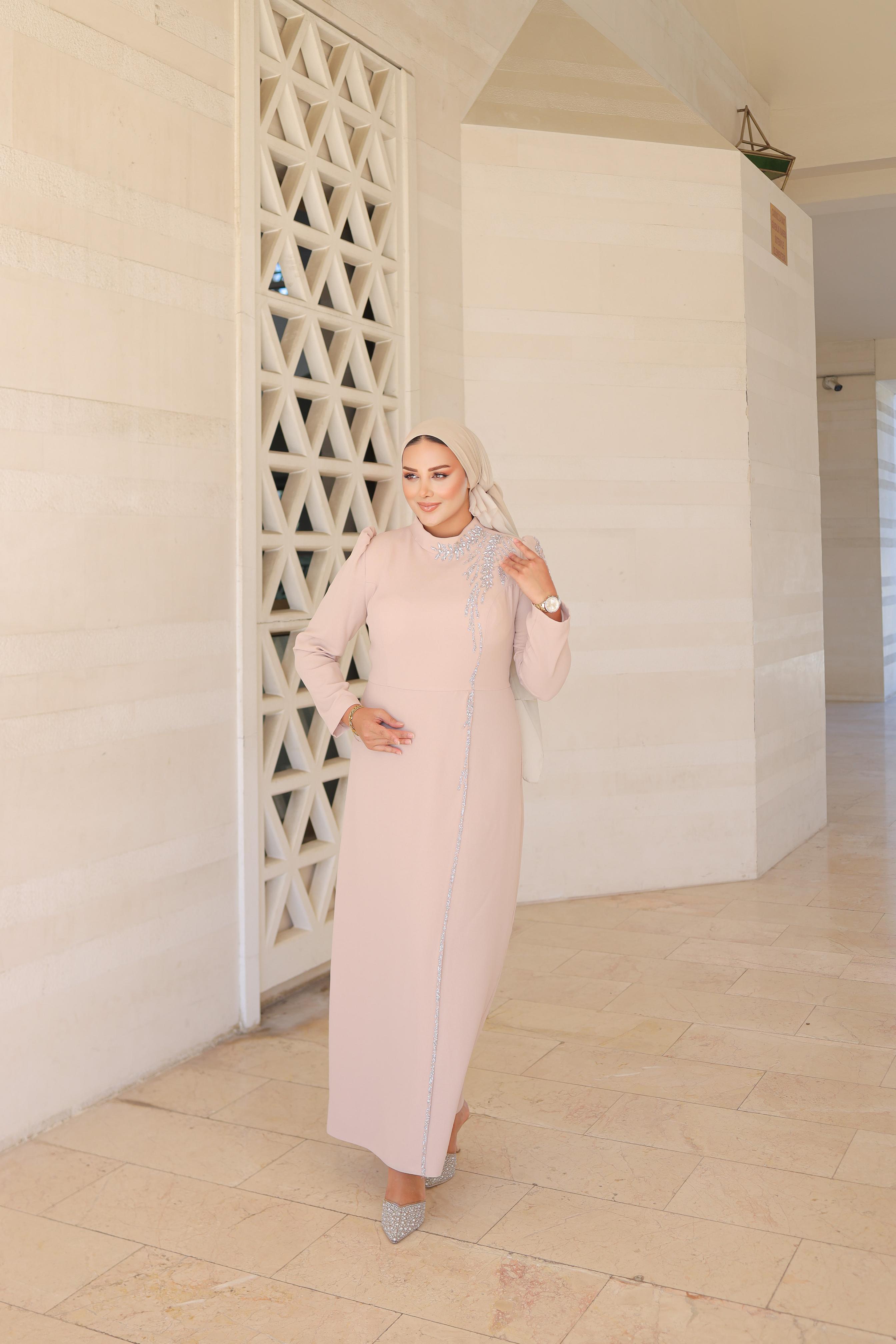 Stone-Embroidered Plus Size Crepe Dress 8287 - Beige
