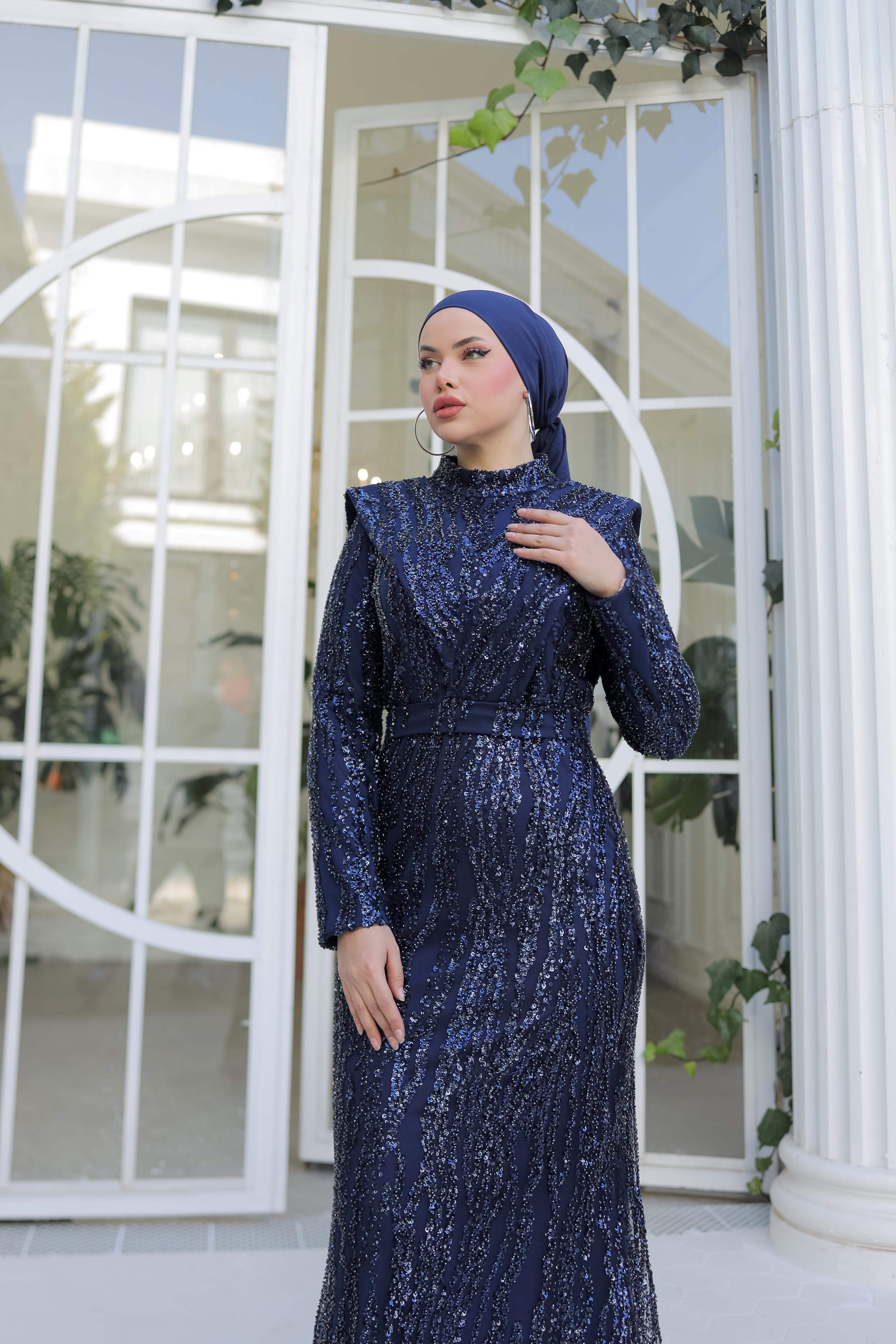 Boncuk İşlemeli Abiye 8438 - Navy Blue