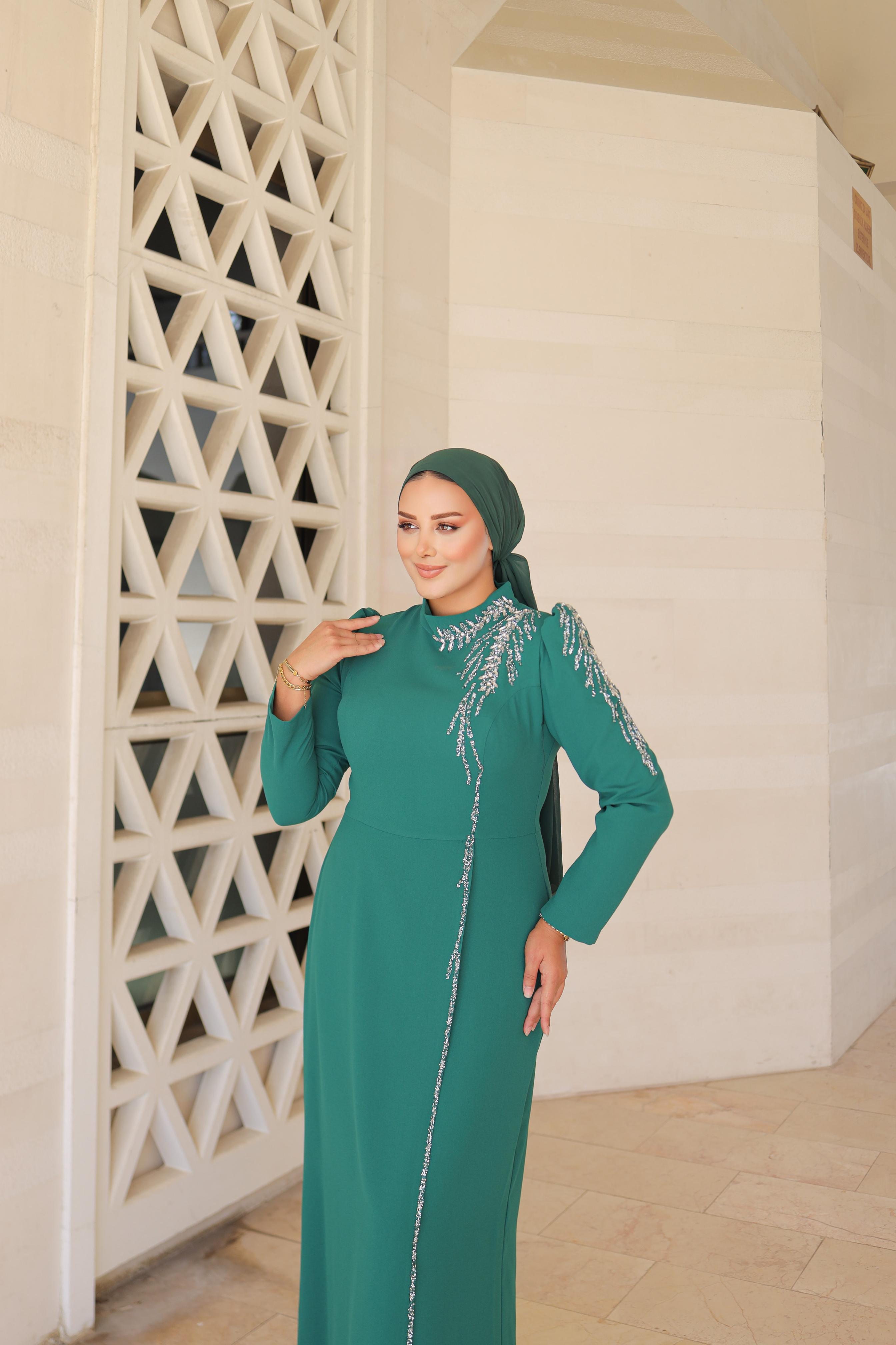 Stone-Embroidered Plus Size Crepe Dress 8287 - Emerald
